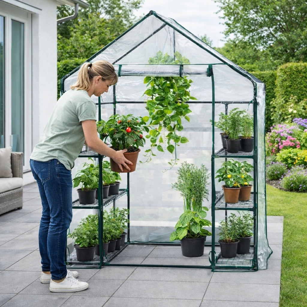 GARDEN GREENHOUSE FOIL MINI BALCONY 195x143x73 CM PVC STEEL 4 SHELVES Length 73 m
