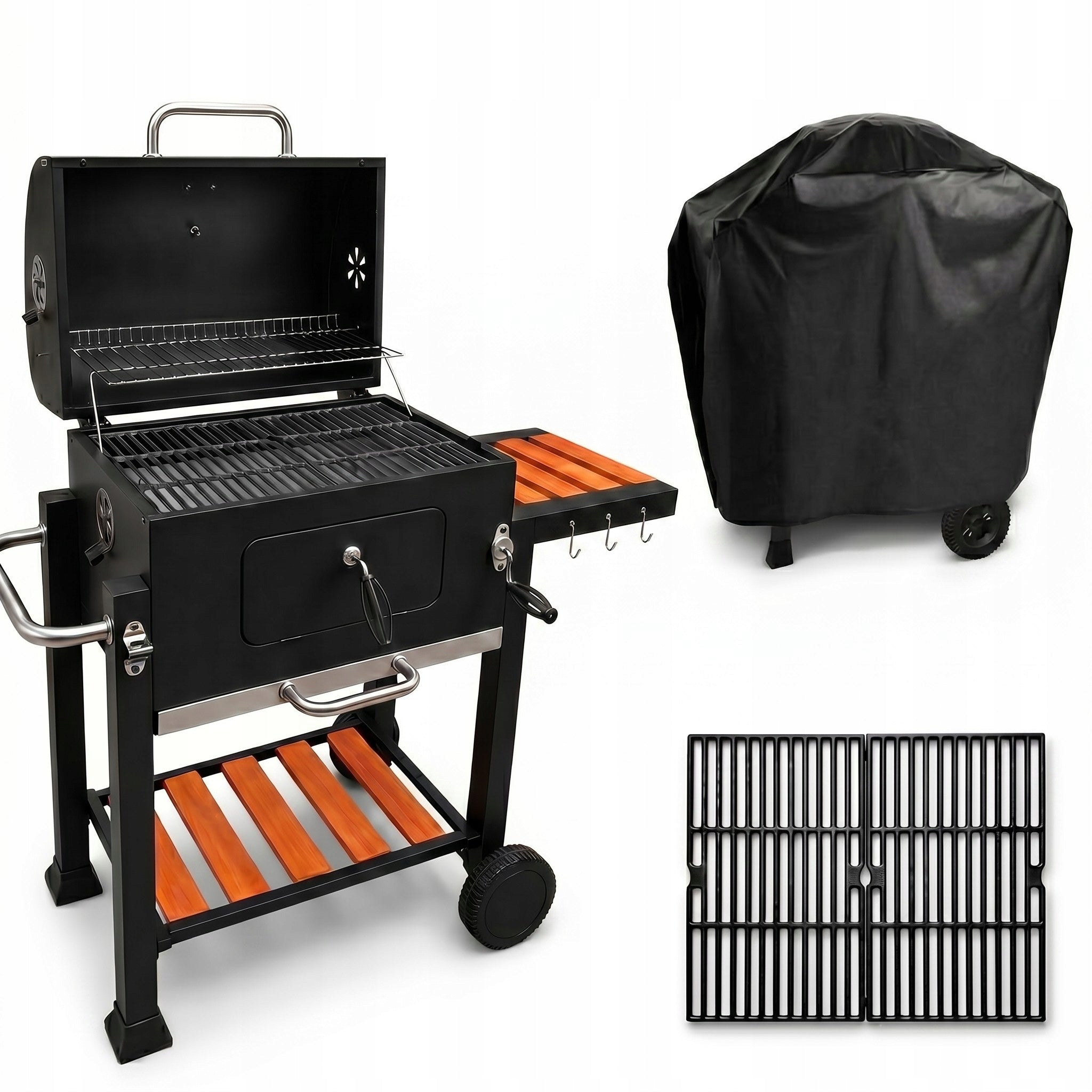 GARDEN GRILL CHARCOAL CAST IRON GRATE + THERMOMETER + COVER