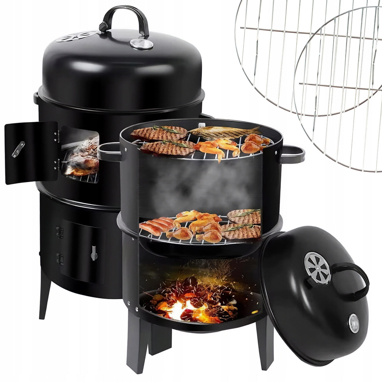 GARDEN GRILL CHARCOAL SMOKEHOUSE HEARTH THERMOMETER ROUND PORTABLE 3IN1 Grill width 47 cm