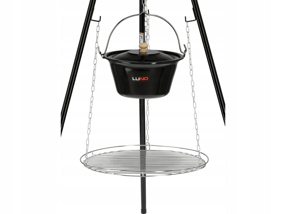 GARDEN GRILL GRATE + CAULDRON HANGING ON TRIPOD STAINLESS STEEL Grill depth 54 cm