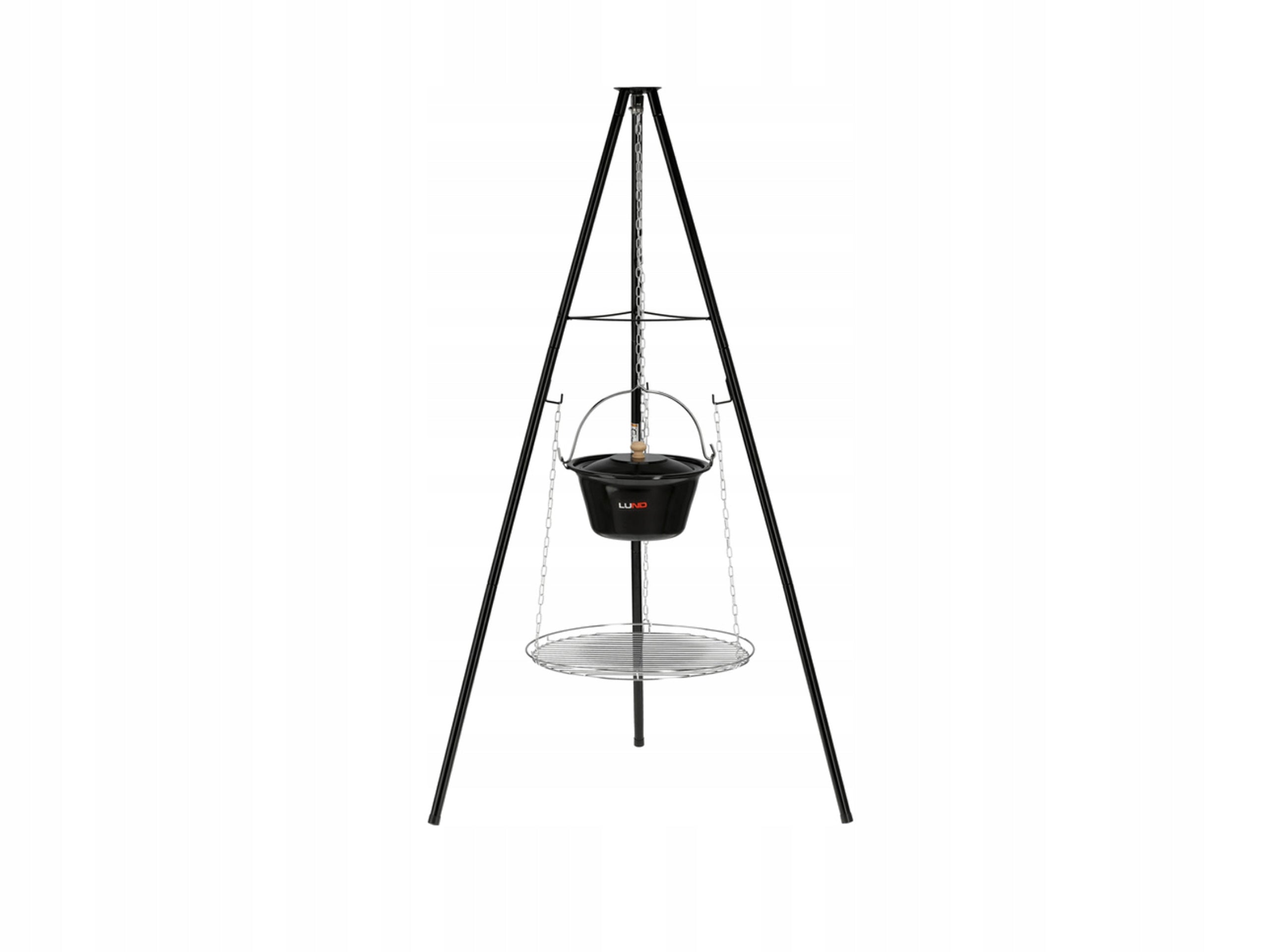 GARDEN GRILL GRATE + CAULDRON HANGING ON TRIPOD STAINLESS STEEL