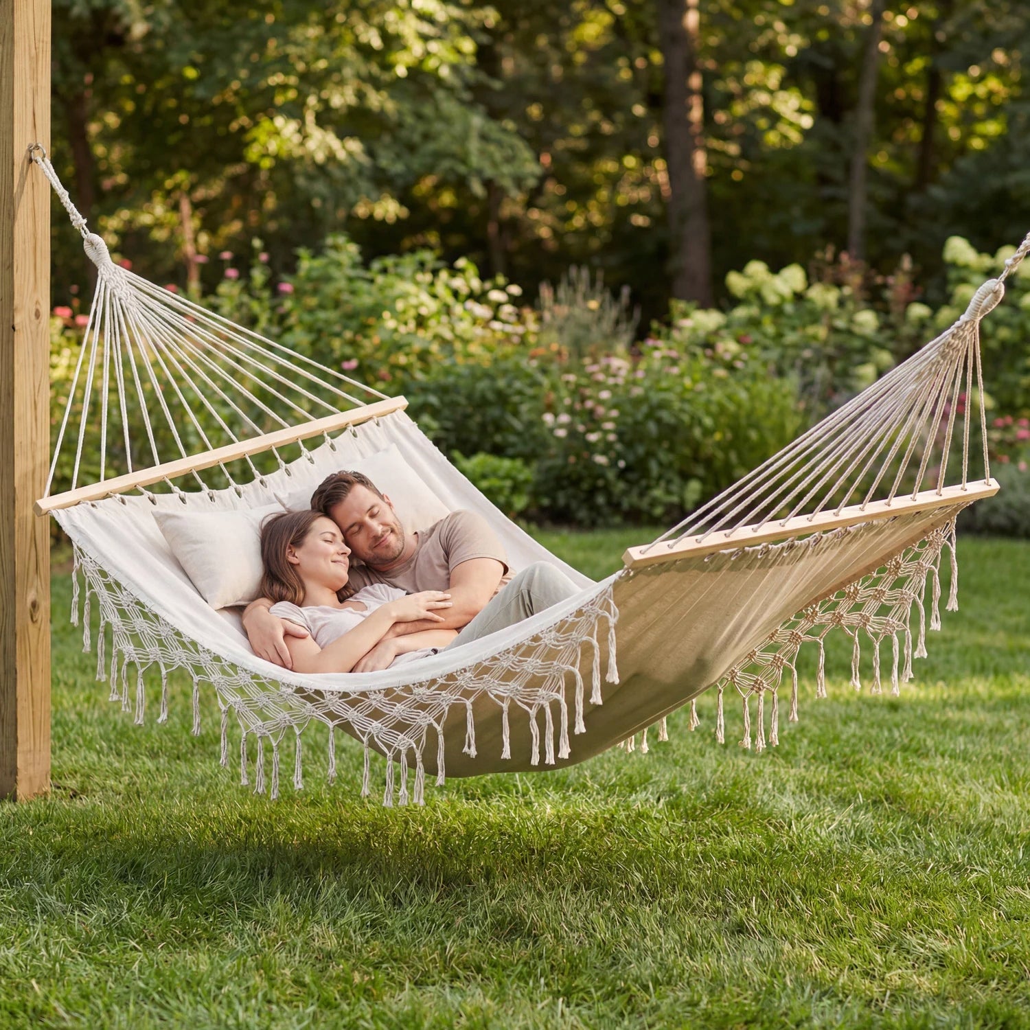GARDEN HAMMOCK DOUBLE LARGE BOHO WITH PILLOWS AND BAR OUTTEC Total length 320 cm