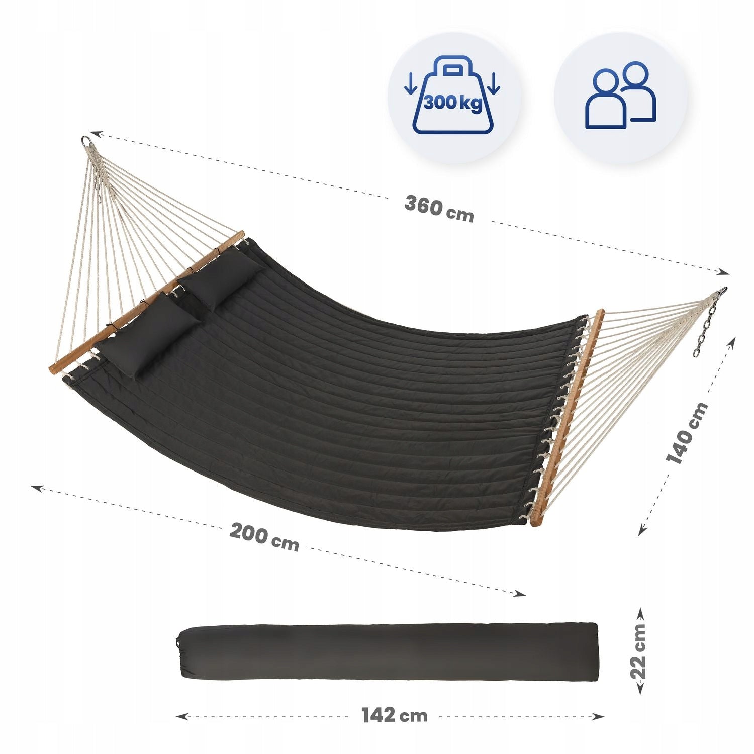 GARDEN HAMMOCK DOUBLE LARGE WITH PILLOWS AND BAR LUVERNO Material width 140 cm