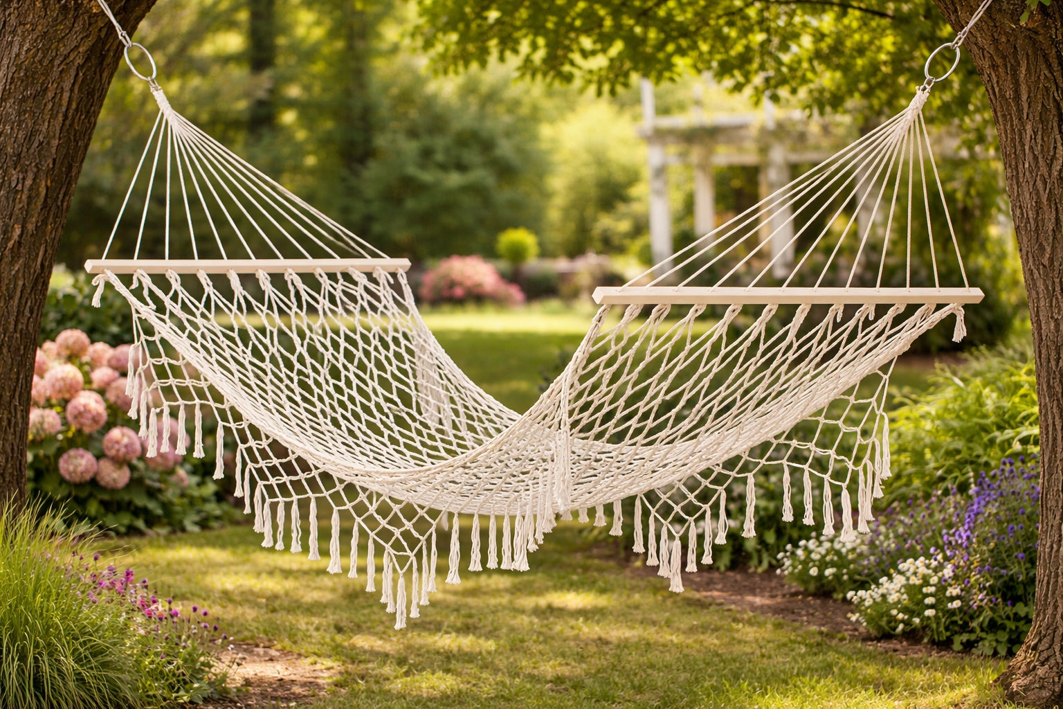 GARDEN HAMMOCK WITH FRINGES BOHO Brazilian ecru for garden terrace 150kg Material width 100 cm