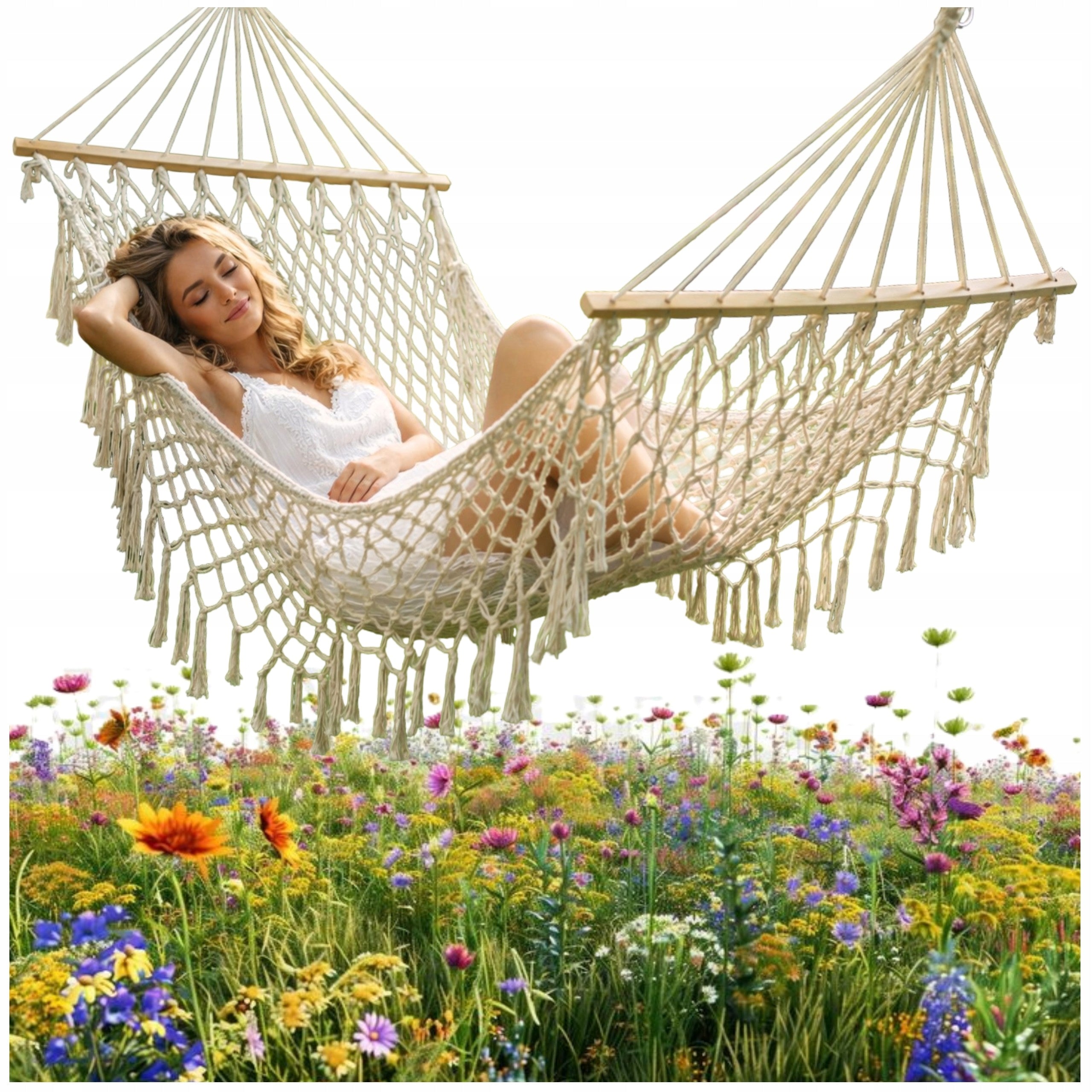 GARDEN HAMMOCK WITH FRINGES BOHO Brazilian ecru for garden terrace 150kg