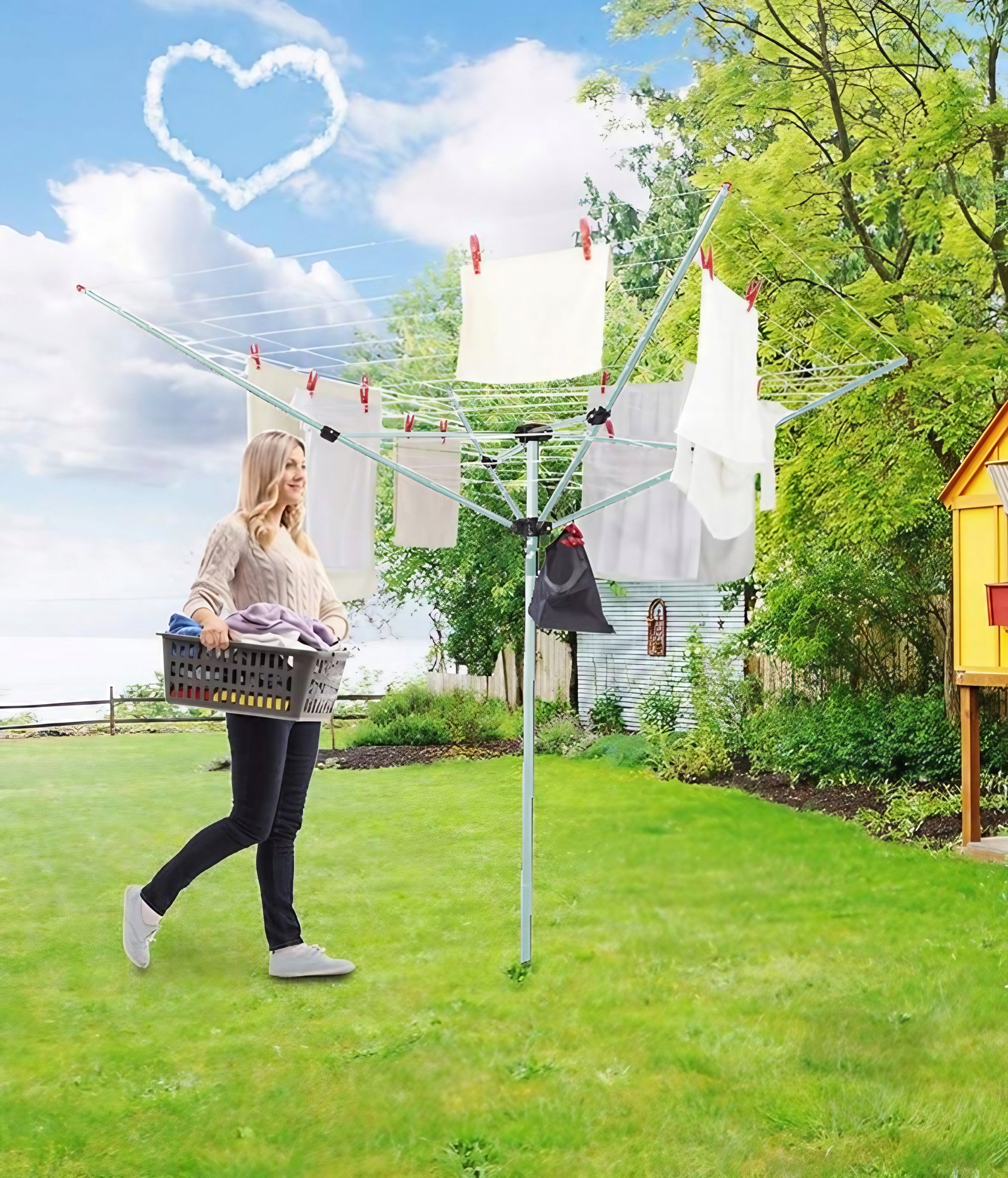 GARDEN LAUNDRY DRYER 4 ARMS ROTATING OUTDOOR + COVER Kind Stationary