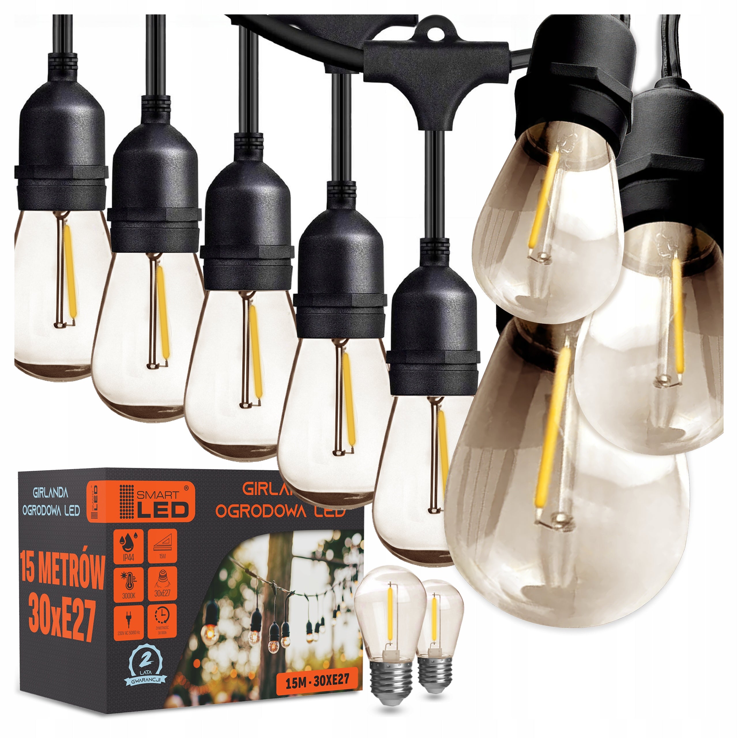 GARDEN LIGHT GARLAND WATERPROOF 15M 15× LED BULB E27+ WIRE