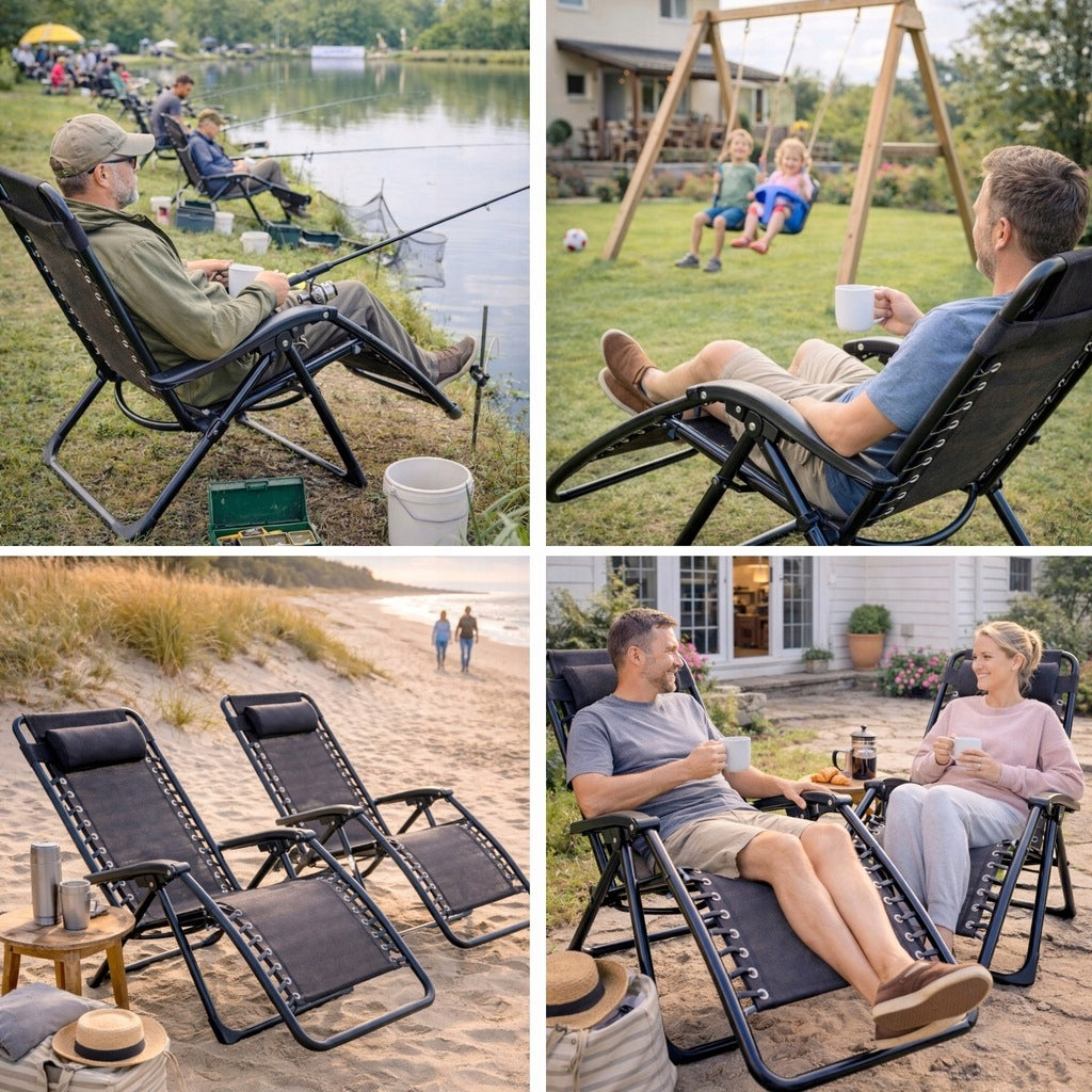 GARDEN LOUNGER 2 PCS SET BEACH CHAIR GRAVITY GRILL TABLE CHAIR Color black