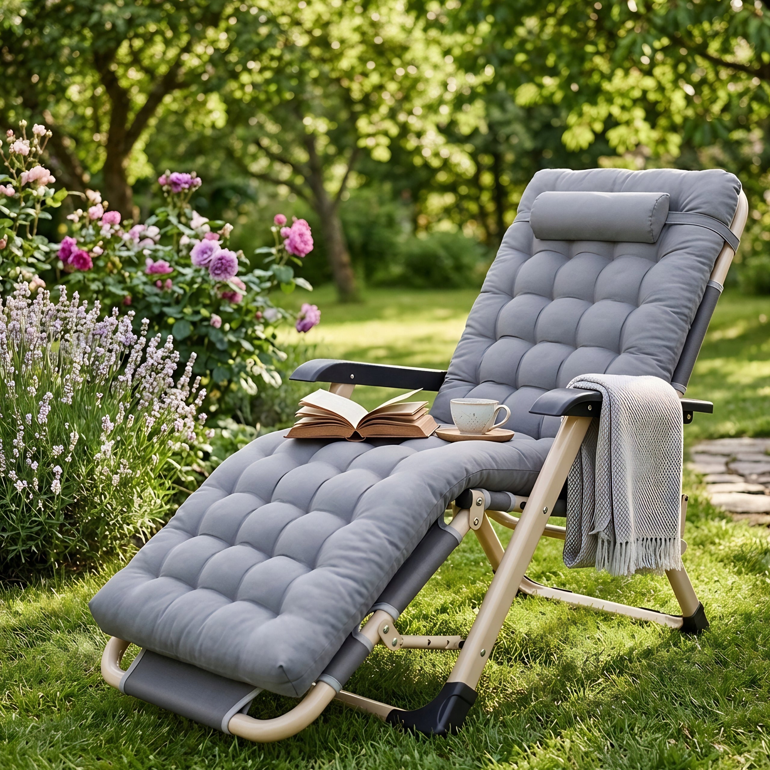 GARDEN LOUNGER BEACH CHAIR FOLDING COMFORTABLE CHAIR WITH CUSHION FOR TERRACE Color black
