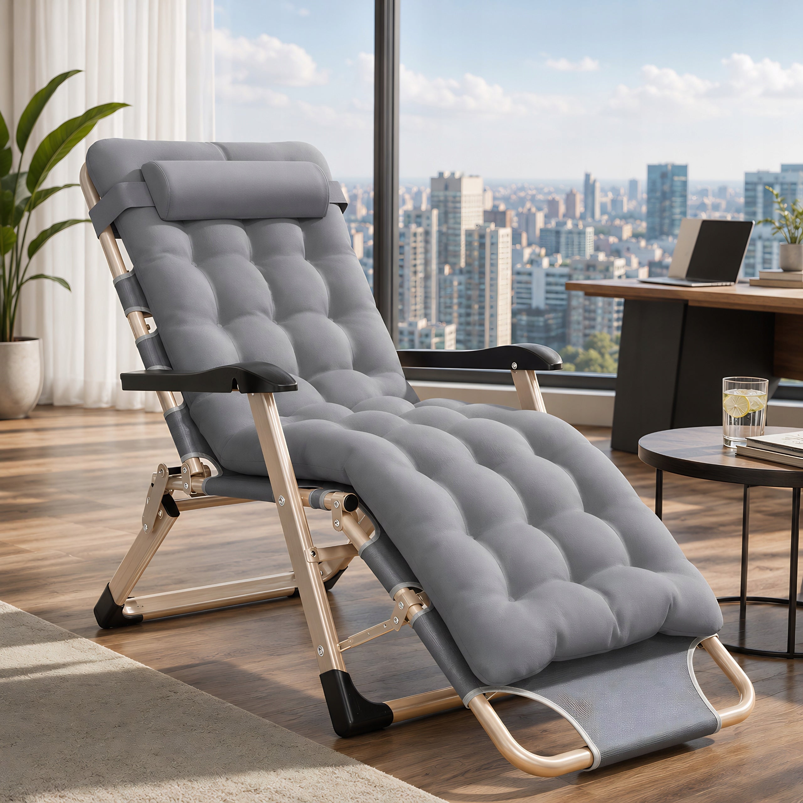 GARDEN LOUNGER BEACH CHAIR FOLDING COMFORTABLE CHAIR WITH CUSHION FOR TERRACE Frame material metal