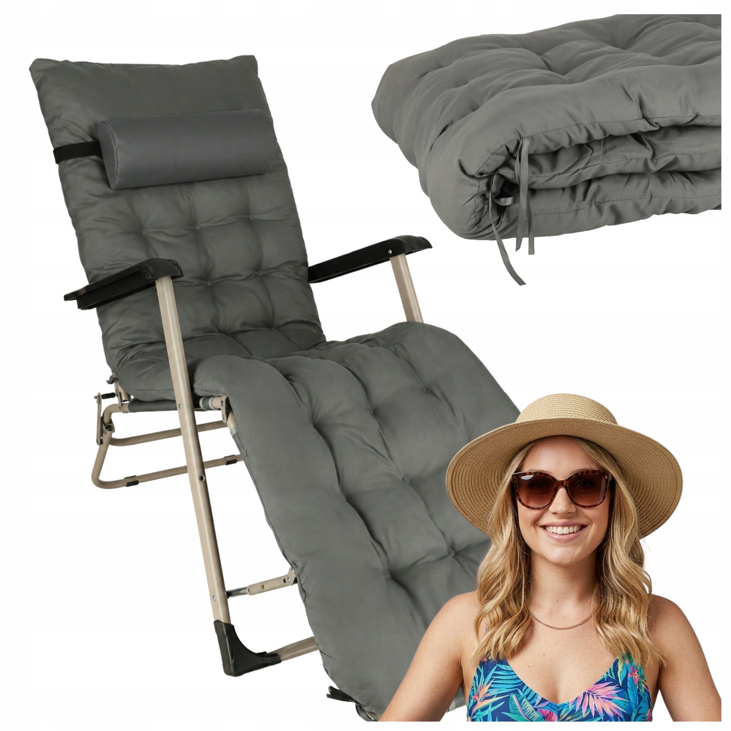 GARDEN LOUNGER FOLDING BEACH CHAIR HIKING COUCH GREY + PILLOW