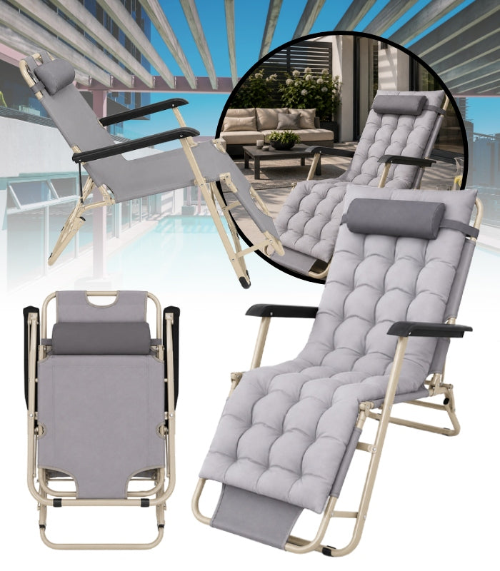GARDEN LOUNGER GRAVITY BEACH CUSHION FOLDING GREY ADJUSTABLE