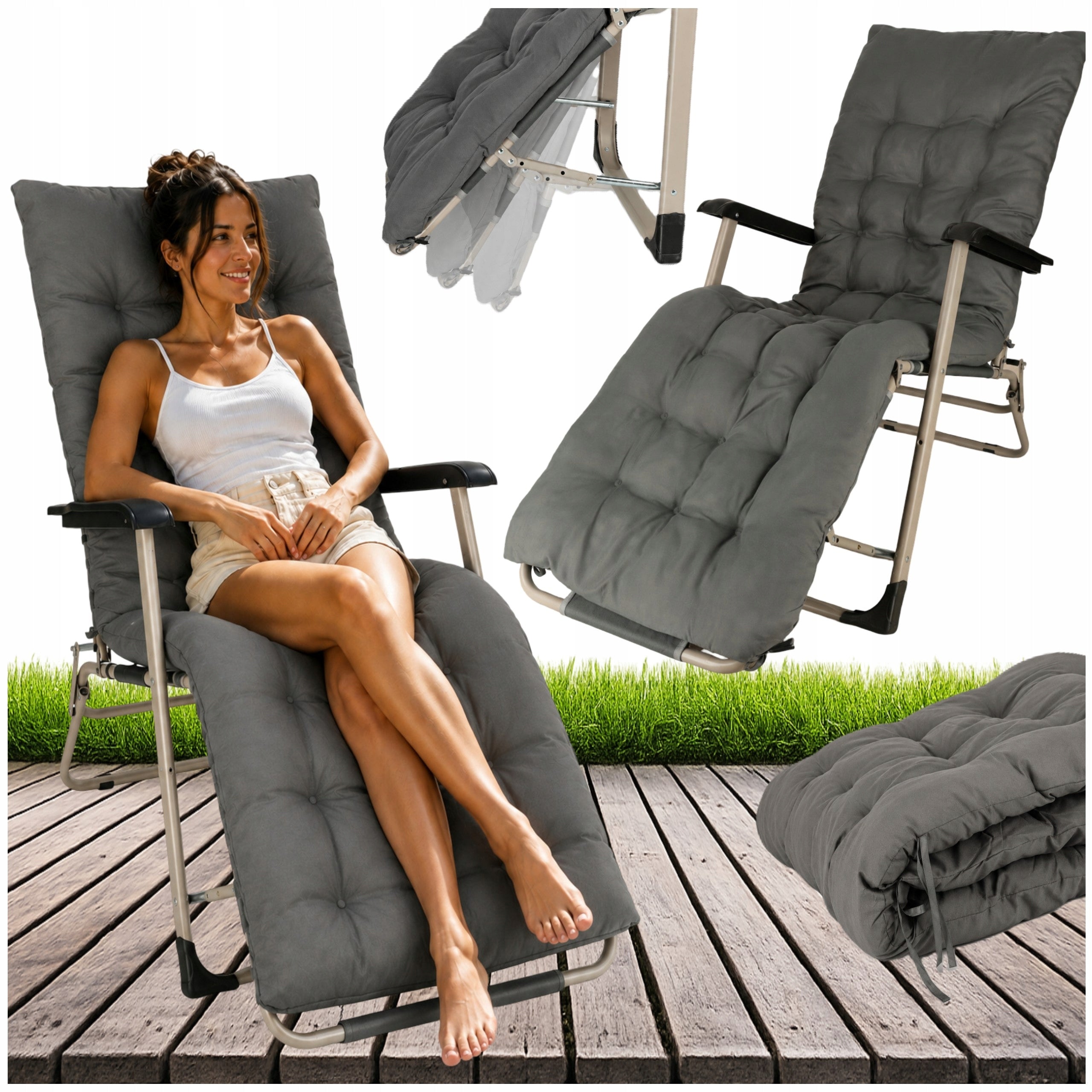 GARDEN LOUNGER HIKING BEACH FOLDING ARMRESTS cushion headrest