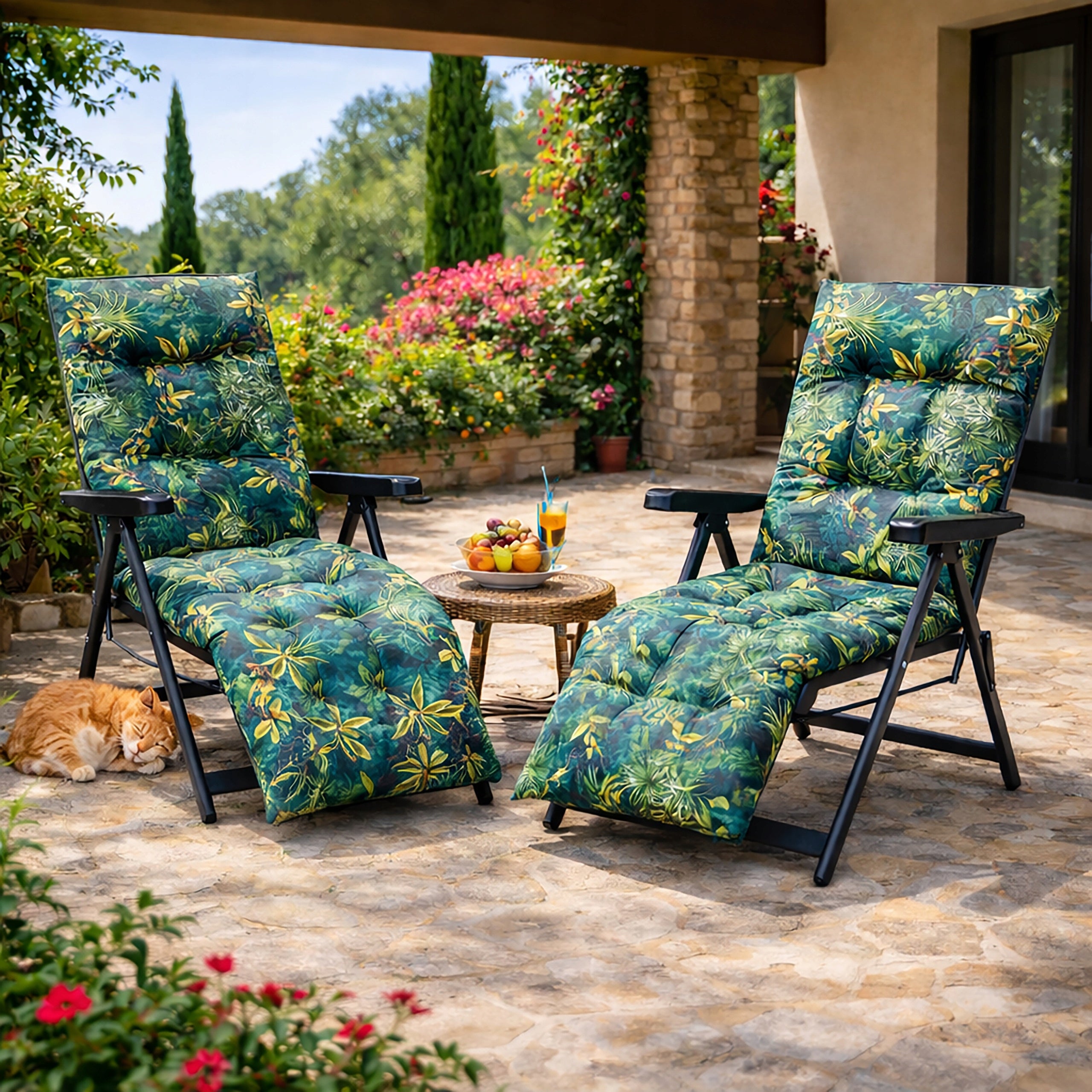 GARDEN LOUNGER WITH PILLOW - Folding chair with footrest and backrest adjustment Packaging status original