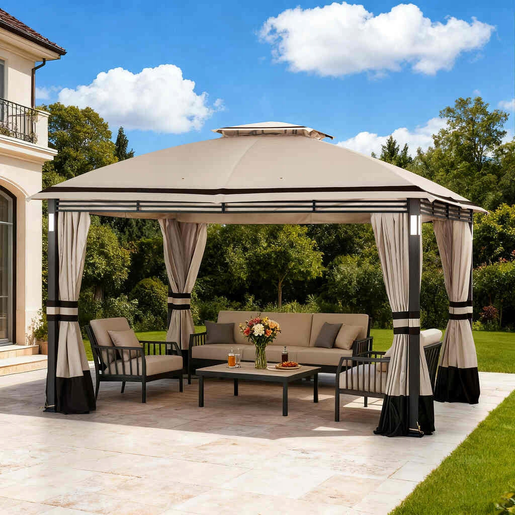 GARDEN PAVILION 3x4 TERRACE CANOPY BEIGE MOSQUITO NETS LED DELUXE CURTAINS Manufacturer no brand