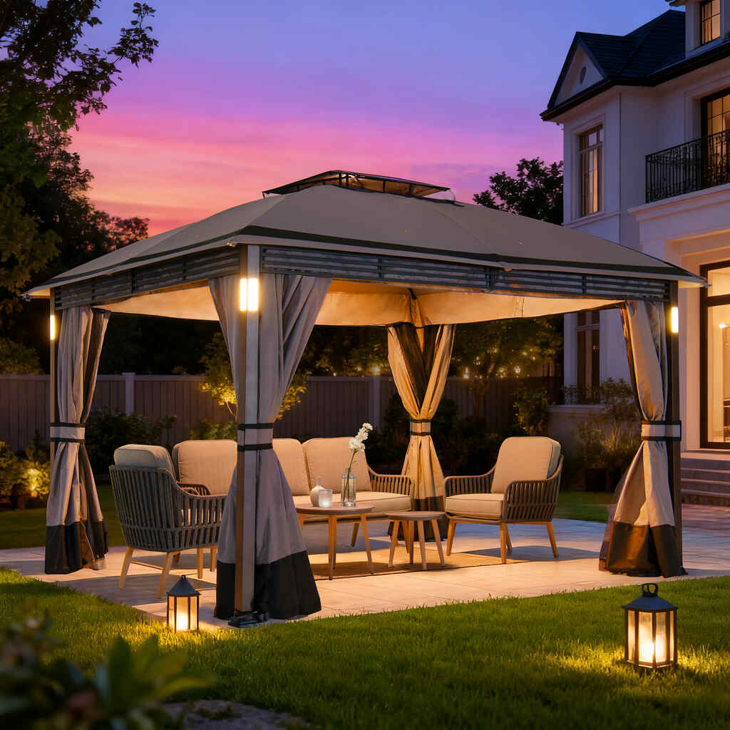 GARDEN PAVILION 3x4 TERRACE CANOPY GREY MOSQUITO NETS LED DELUXE CURTAINS Width 3.3 m