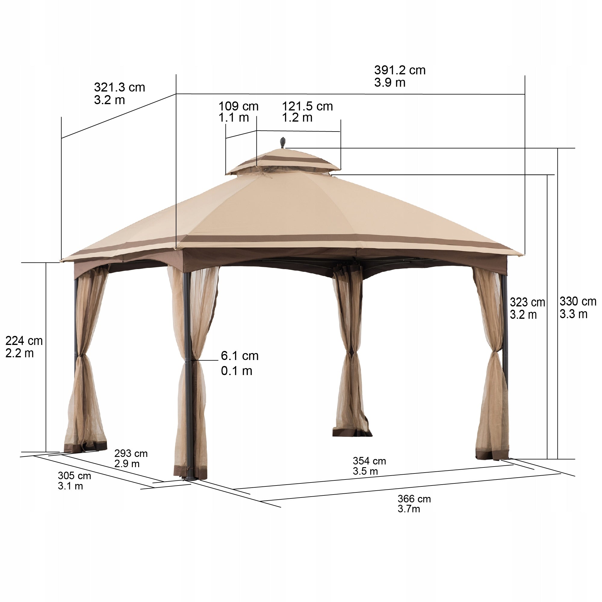 GARDEN PAVILION 3x4 m GARDEN TENT, MOSQUITO NET, BEIGE, STEEL FRAME Number of side walls none