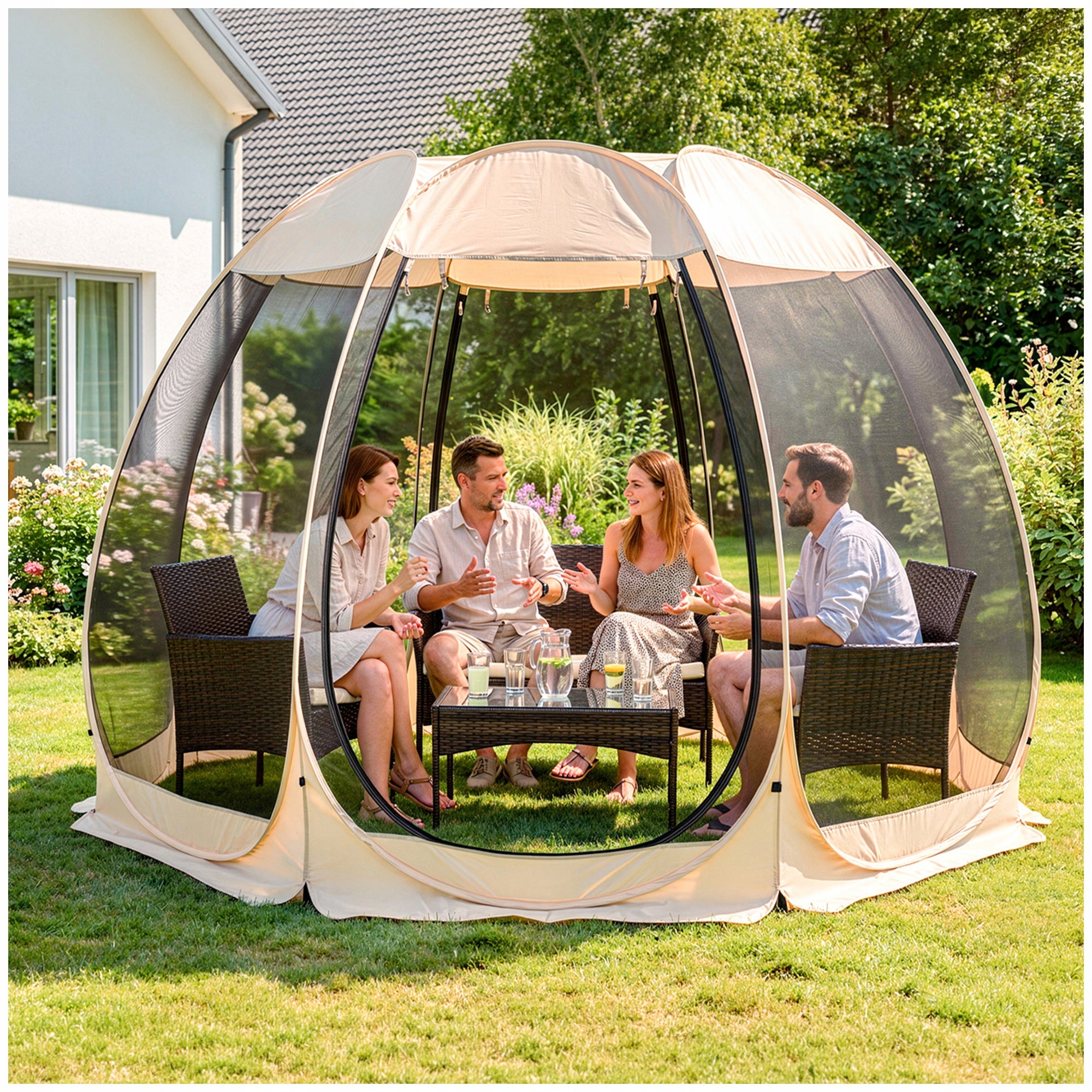 GARDEN PAVILION ROUND GAZEBO BEIGE WITH MOSQUITO NET CAMA 350