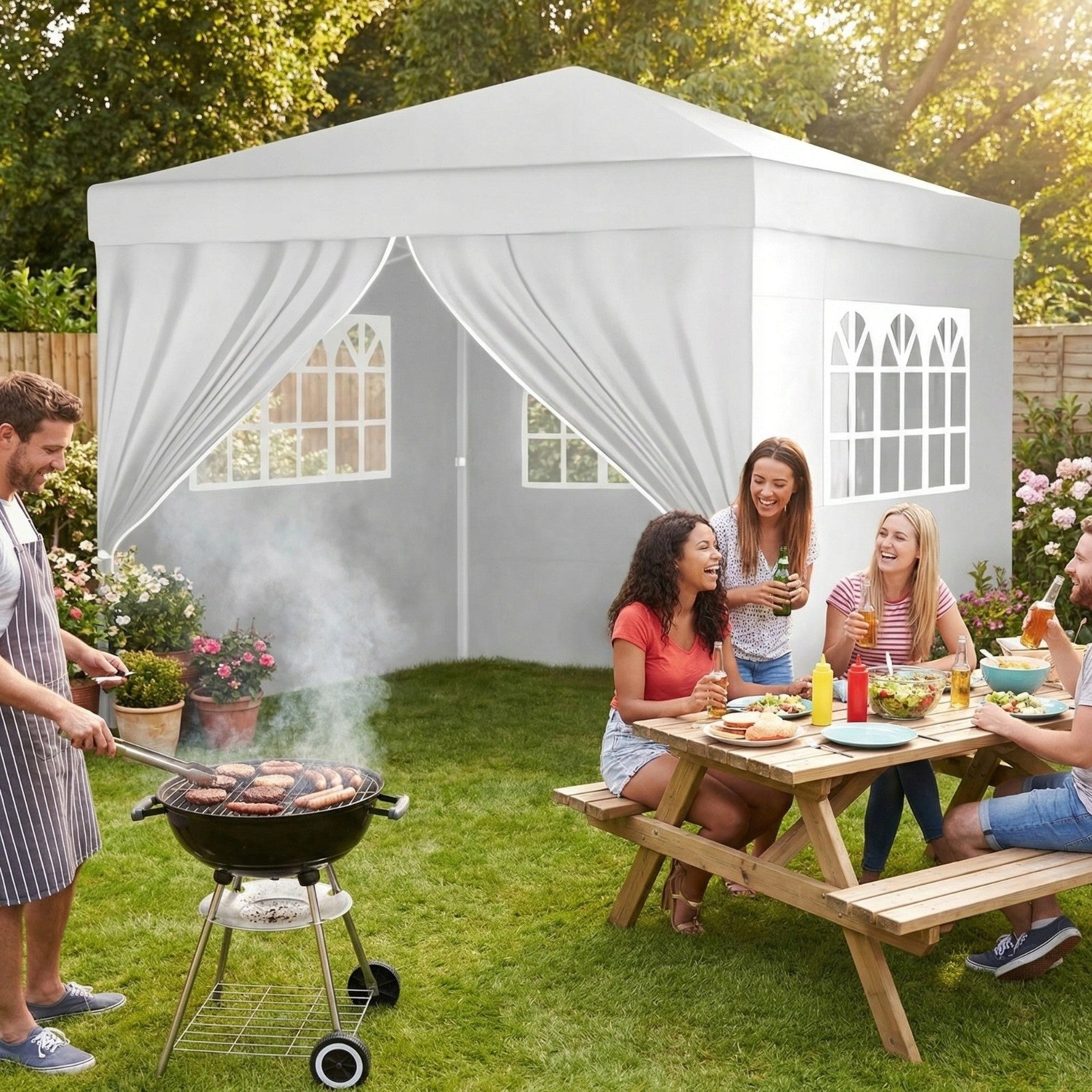 GARDEN PAVILION TENT 3x3 COMMERCIAL PARTY GAZEBO 4 SIDE WALLS WINDOWS Length 2.9 m