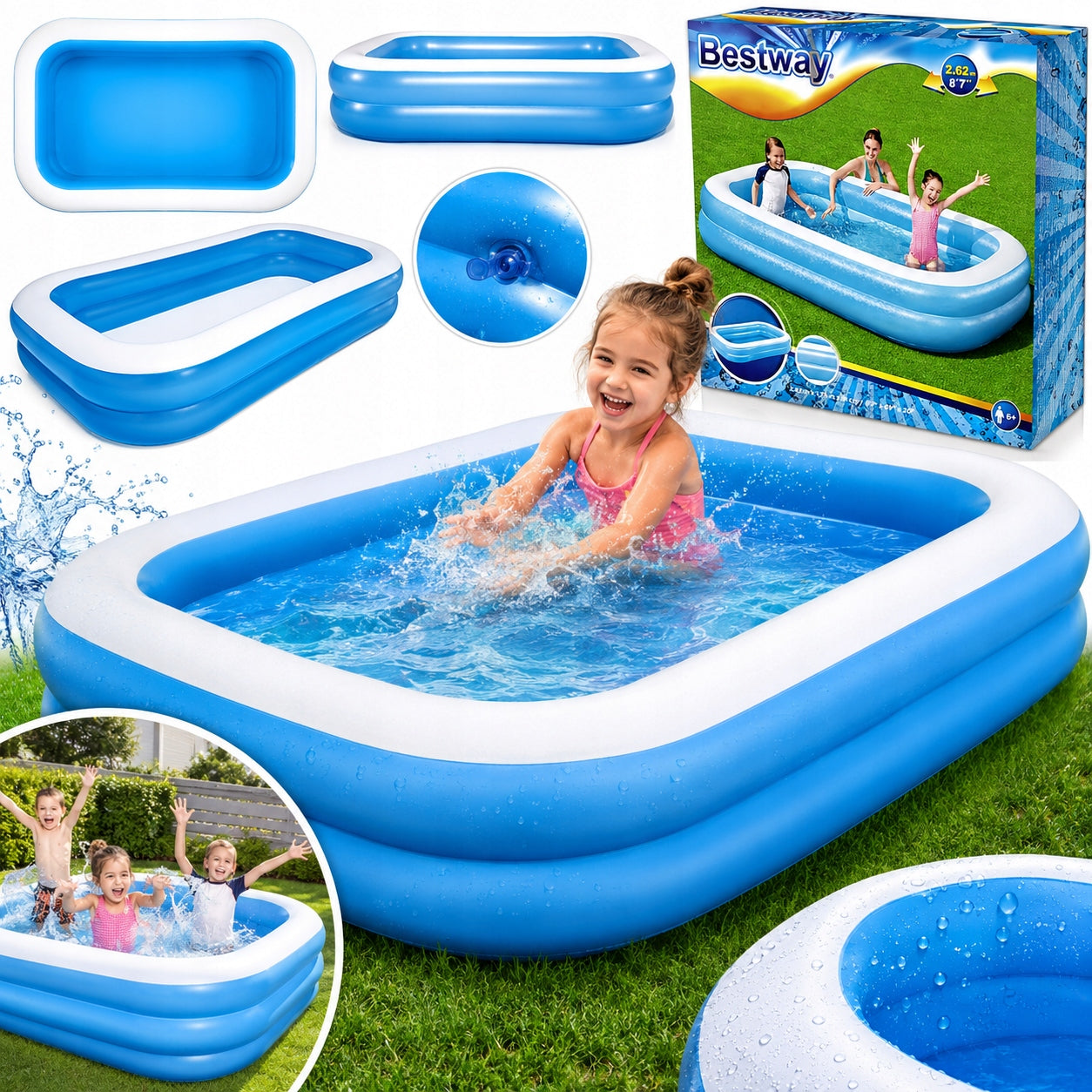 GARDEN POOL INFLATABLE LARGE FAMILY RECTANGULAR FOR GARDEN 262 X 175 STRONG