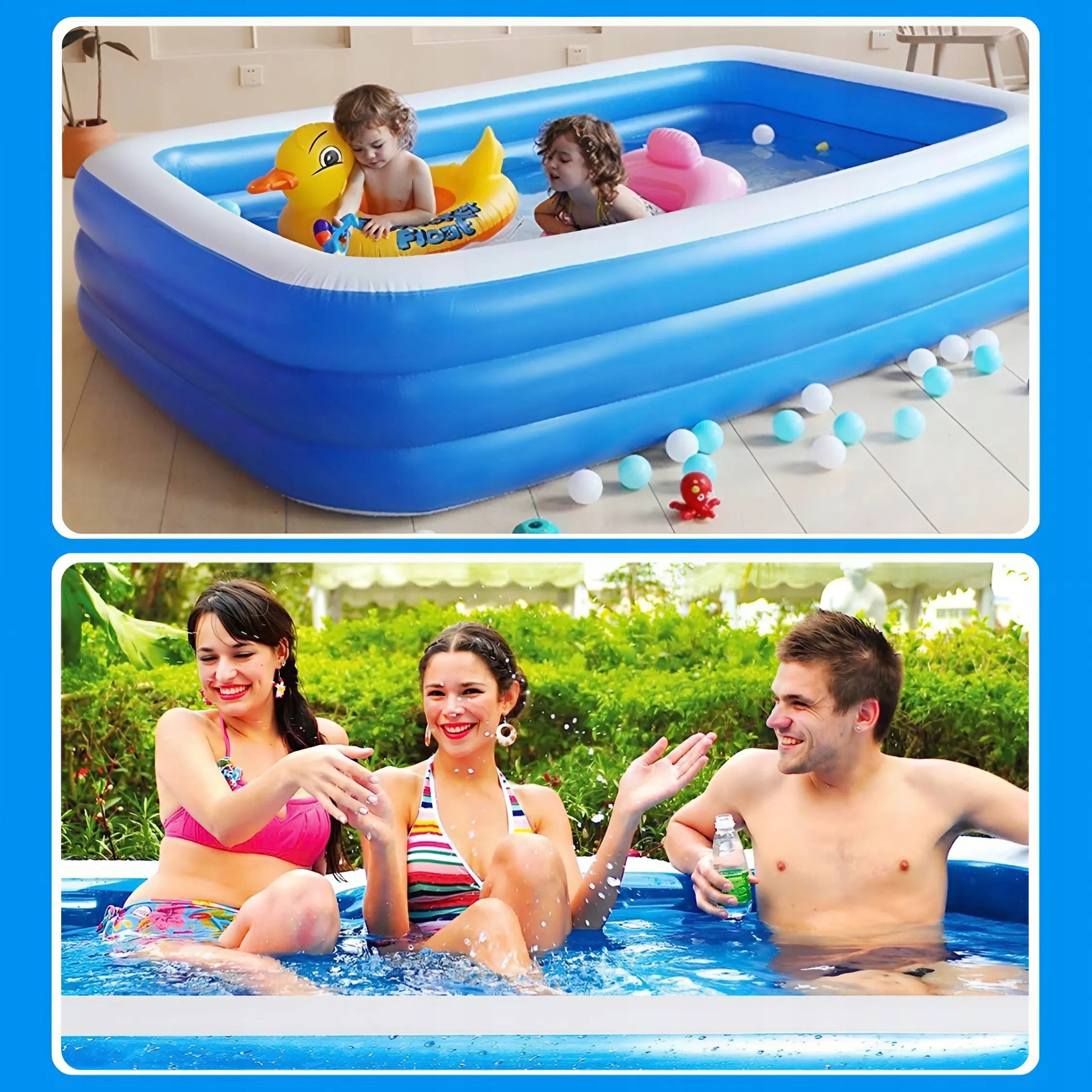 GARDEN POOL INFLATABLE LARGE FAMILY RECTANGULAR FOR GARDEN 265x183 + 2 PATCHES Height 60 cm