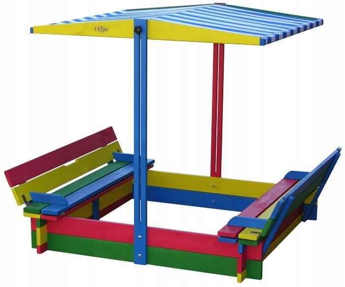 GARDEN SANDBOX FOR CHILDREN WITH A COLORFUL ROOF