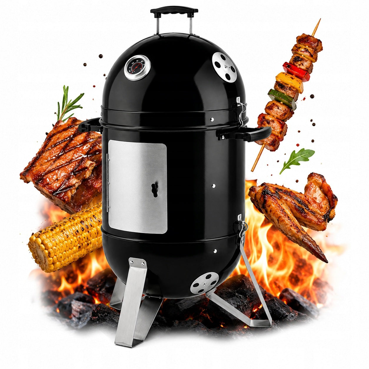GARDEN SMOKEHOUSE GRILL 2IN1 Ø40 CM 3 GRATES WITH CARBON THERMOMETER Packaging status original