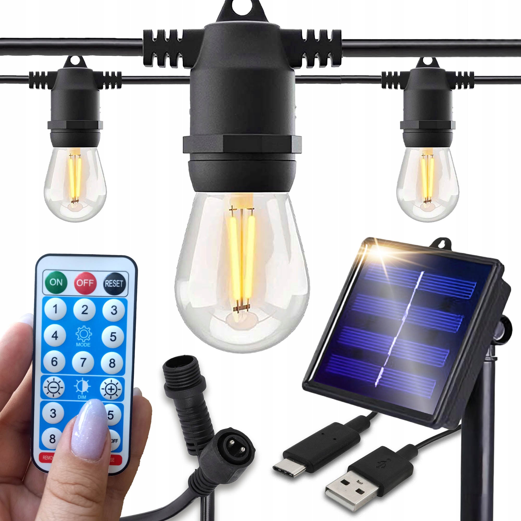 GARDEN SOLAR GARLAND 10M 10× LED BULB E27 OUTDOOR LIGHTS+ REMOTE CONTROL