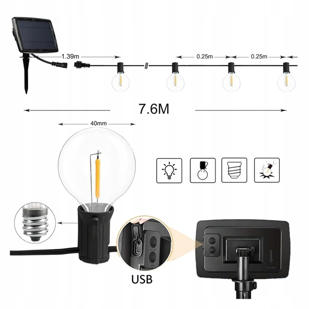 GARDEN SOLAR GARLAND WITH REMOTE CONTROL 25 BULBS 3W FREEBIE Length 778 cm