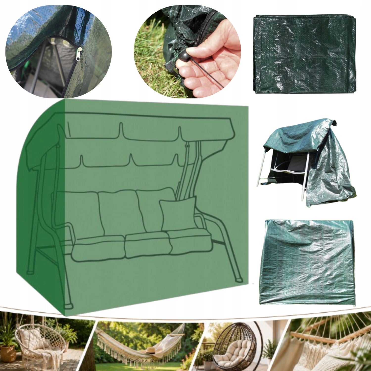 GARDEN SWING COVER FASTENED 220x150x170 GREEN WATERPROOF