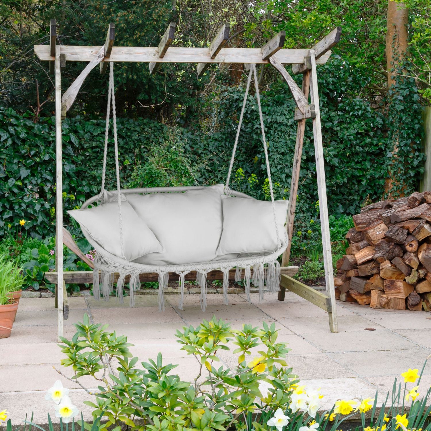 GARDEN SWING DOUBLE HANGING GARDEN CHAIR WITH BOHO CUSHIONS OUTTEC Seat width 75 cm