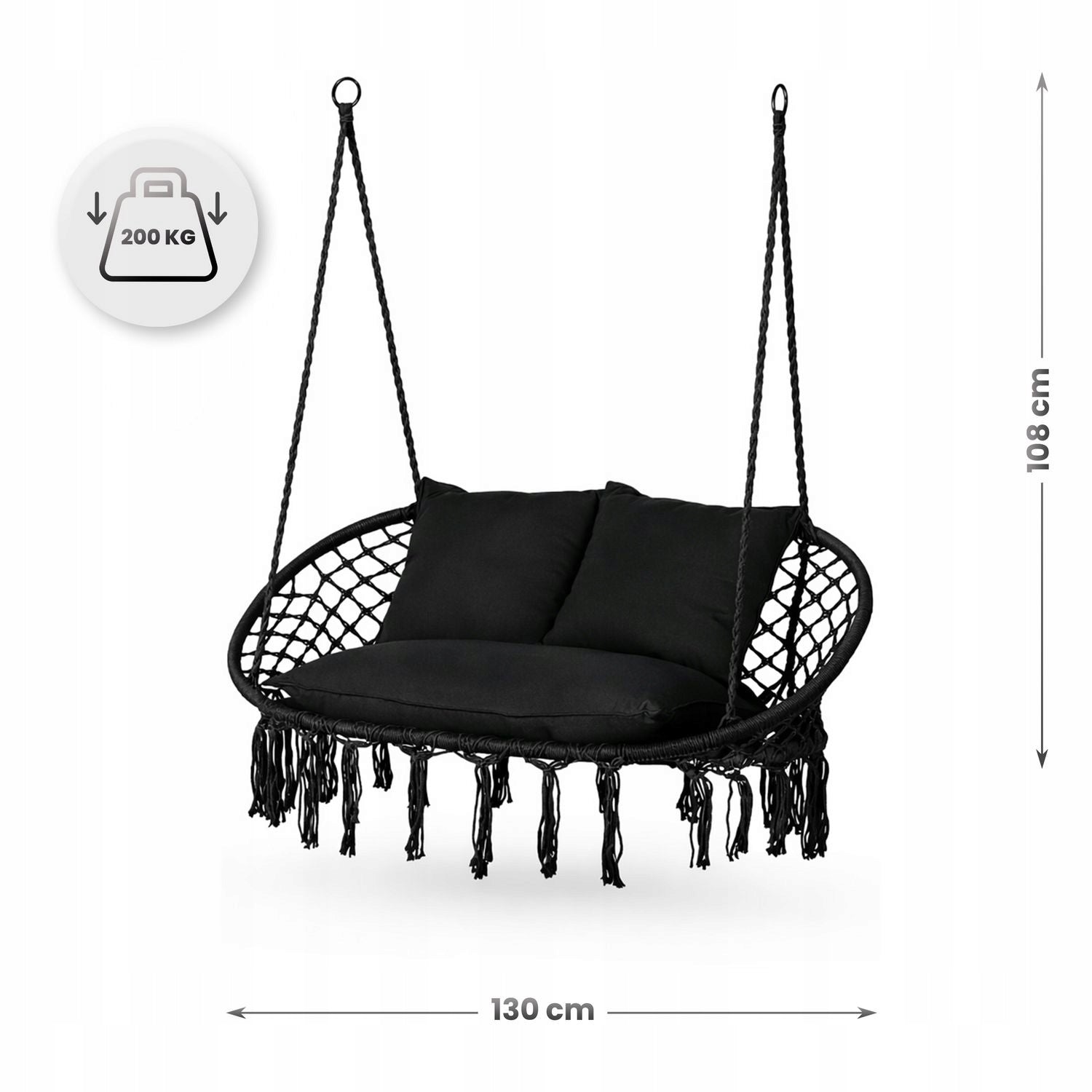 GARDEN SWING DOUBLE HANGING GARDEN CHAIR WITH BOHO PILLOWS LUVERNO Seat length 80 cm