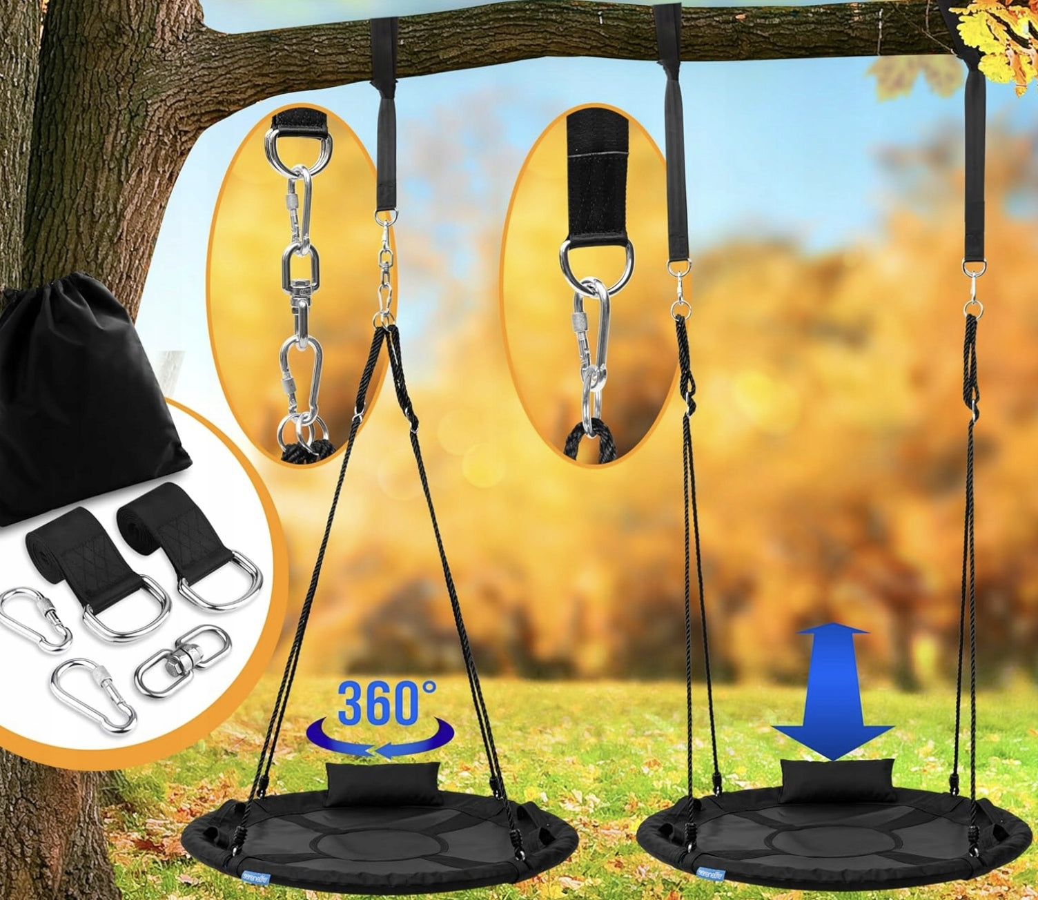 GARDEN SWING HANGING STORK NEST SWIVEL HANDLES 320KG 100CM Seat length 100 cm