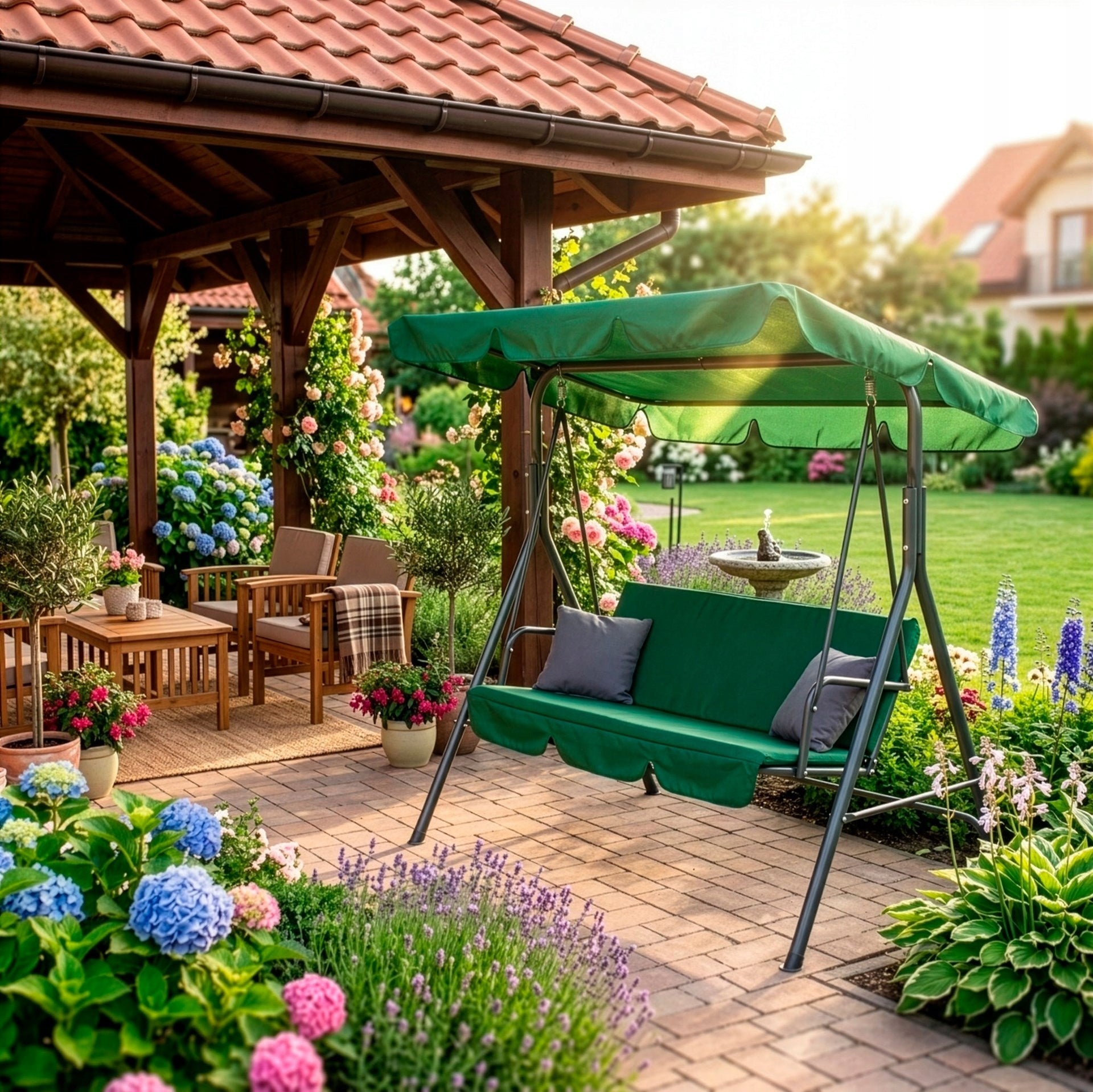 GARDEN SWING LARGE ROCKING BENCH 3-SEATER + PILLOWS GREEN WITH VISOR Line HUŚTAWKA OGRODOWA LUNA