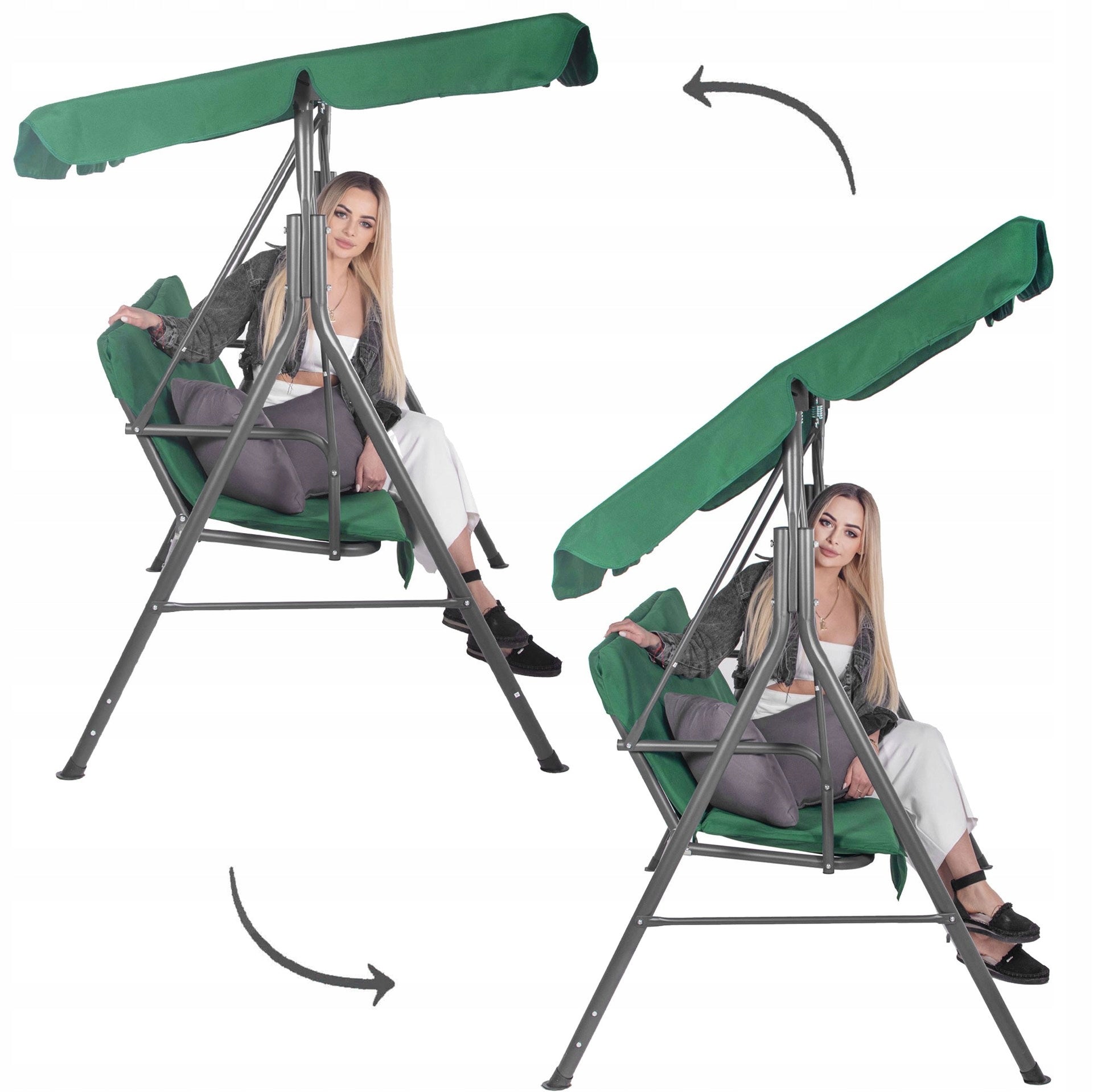 GARDEN SWING LARGE ROCKING BENCH 3-SEATER + PILLOWS GREEN WITH VISOR Seat width 42 cm