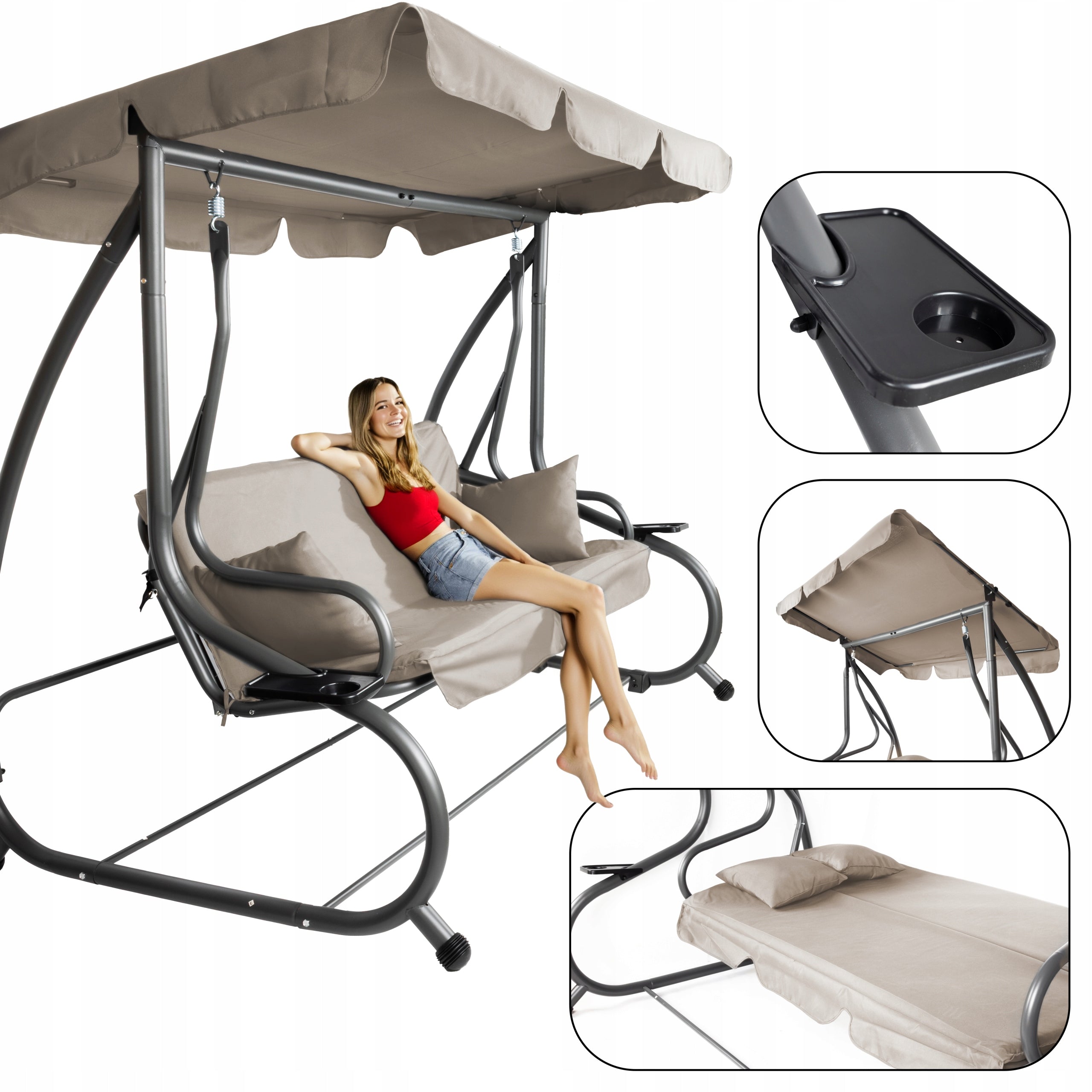 GARDEN SWING METAL FREESTANDING FOLDING BOKATO WITH VISOR BEIGE