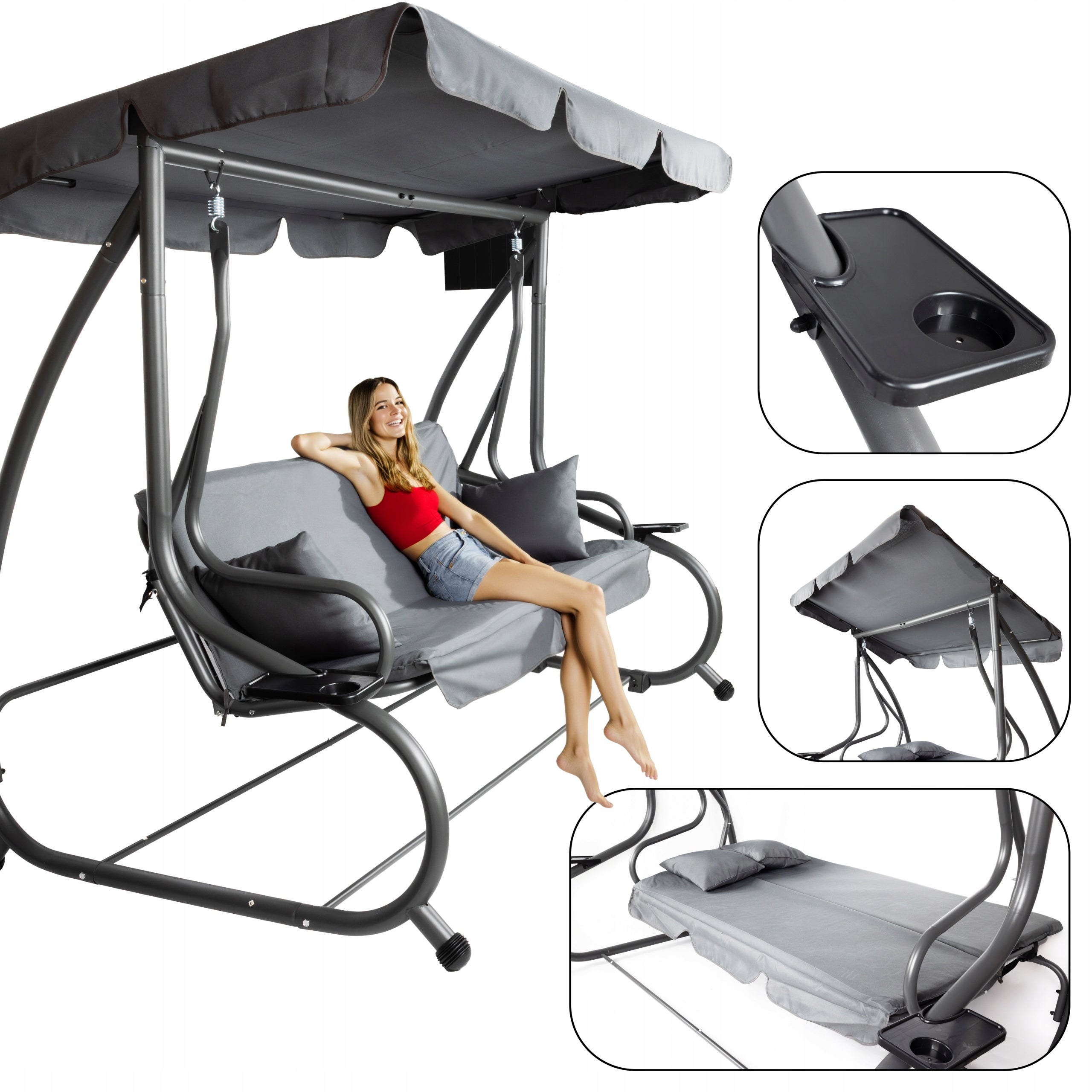 GARDEN SWING METAL FREESTANDING FOLDING BOKATO WITH VISOR GREY