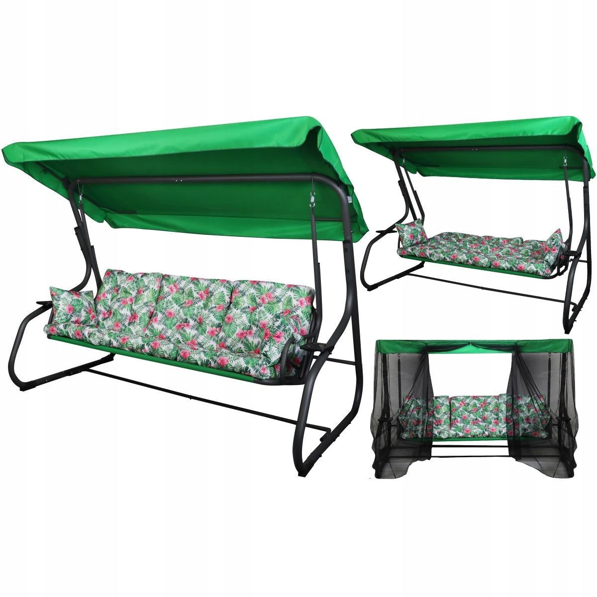GARDEN SWING ROCKING BENCH 3-seater 2in1 FOLDING MOSQUITO NET VISOR