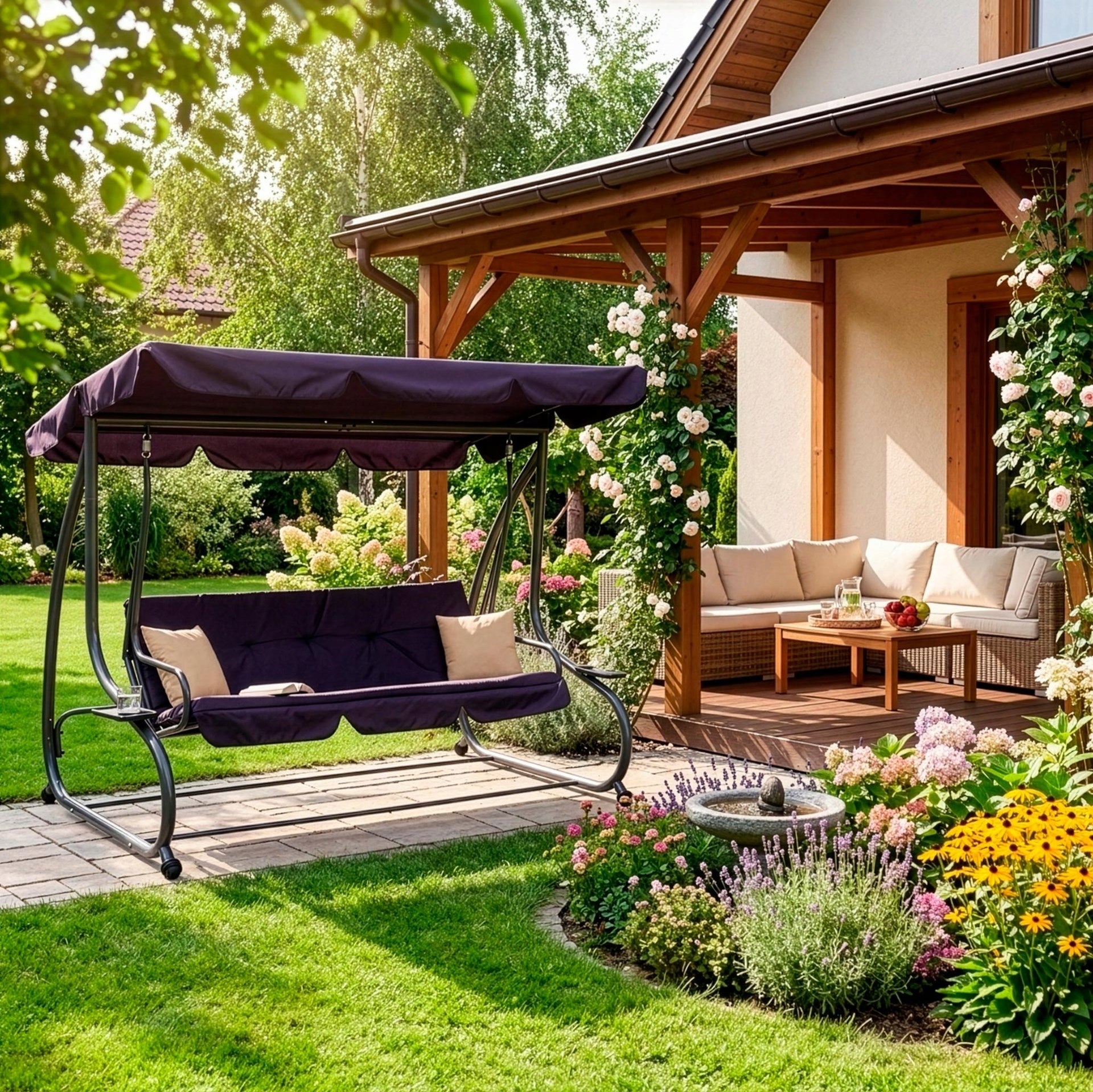 GARDEN SWING ROCKING BENCH 4 SEATER FOLDING 2in1 + CANOPY MATTRESS Kind freestanding