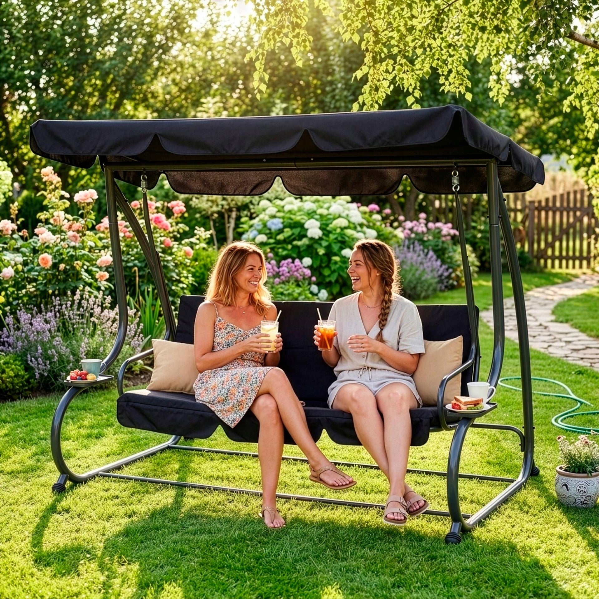 GARDEN SWING ROCKING BENCH 4 SEATER FOLDING 2in1 + CANOPY MATTRESS Line HUŚTAWKA OGRODOWA LINDA
