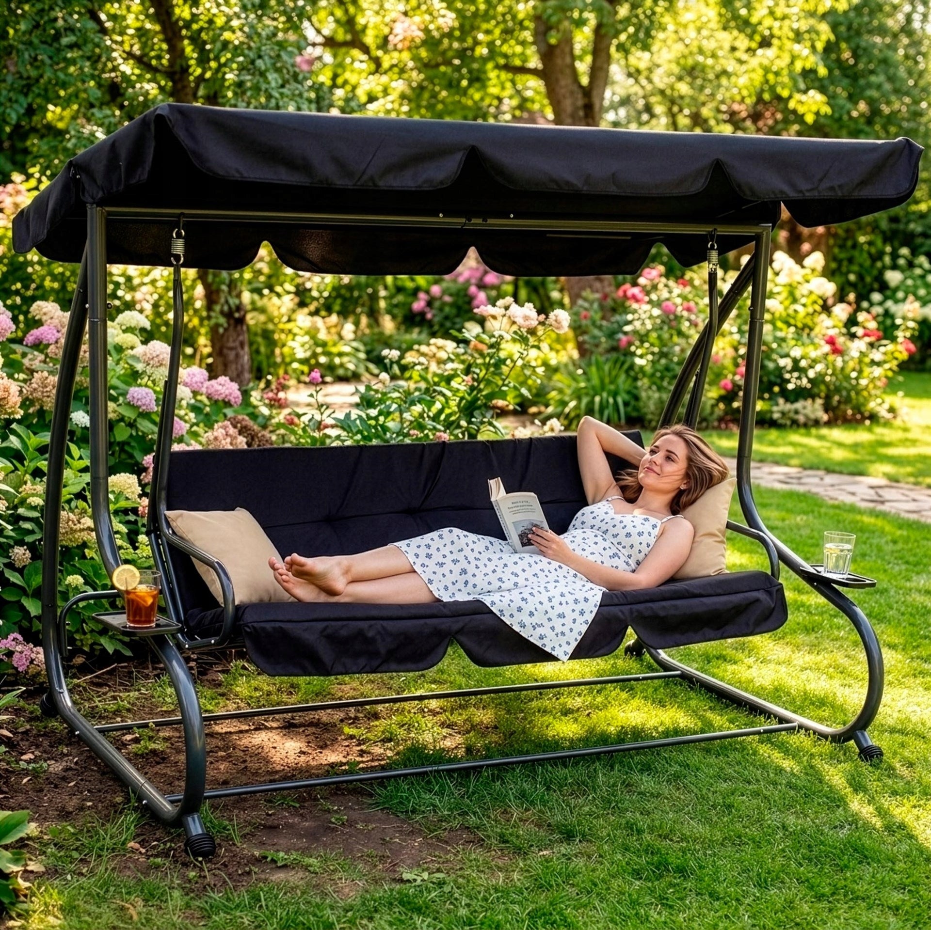GARDEN SWING ROCKING BENCH 4 SEATER FOLDING 2in1 + CANOPY MATTRESS Packaging status original