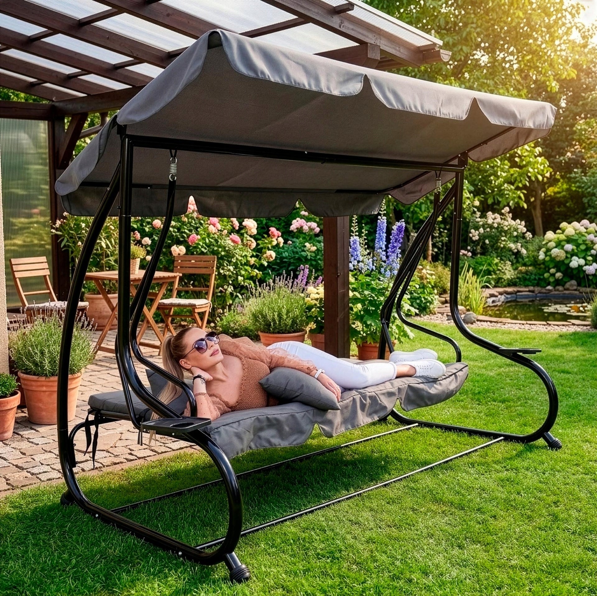 GARDEN SWING ROCKING BENCH 4 SEATER FOLDING 2in1 + CANOPY MATTRESS Packaging status original