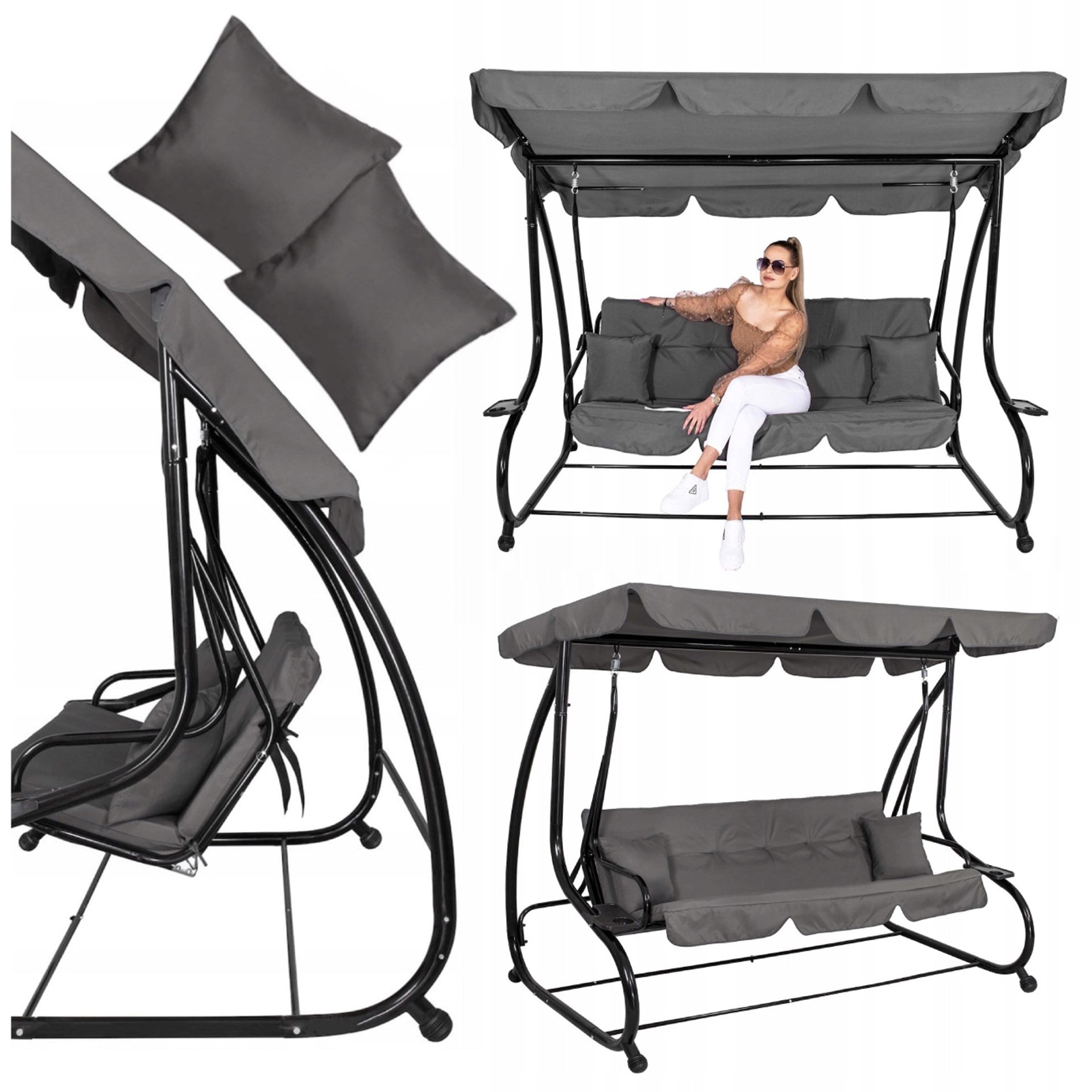 GARDEN SWING ROCKING BENCH 4 SEATER FOLDING 2in1 + CANOPY MATTRESS Seat length 172 cm