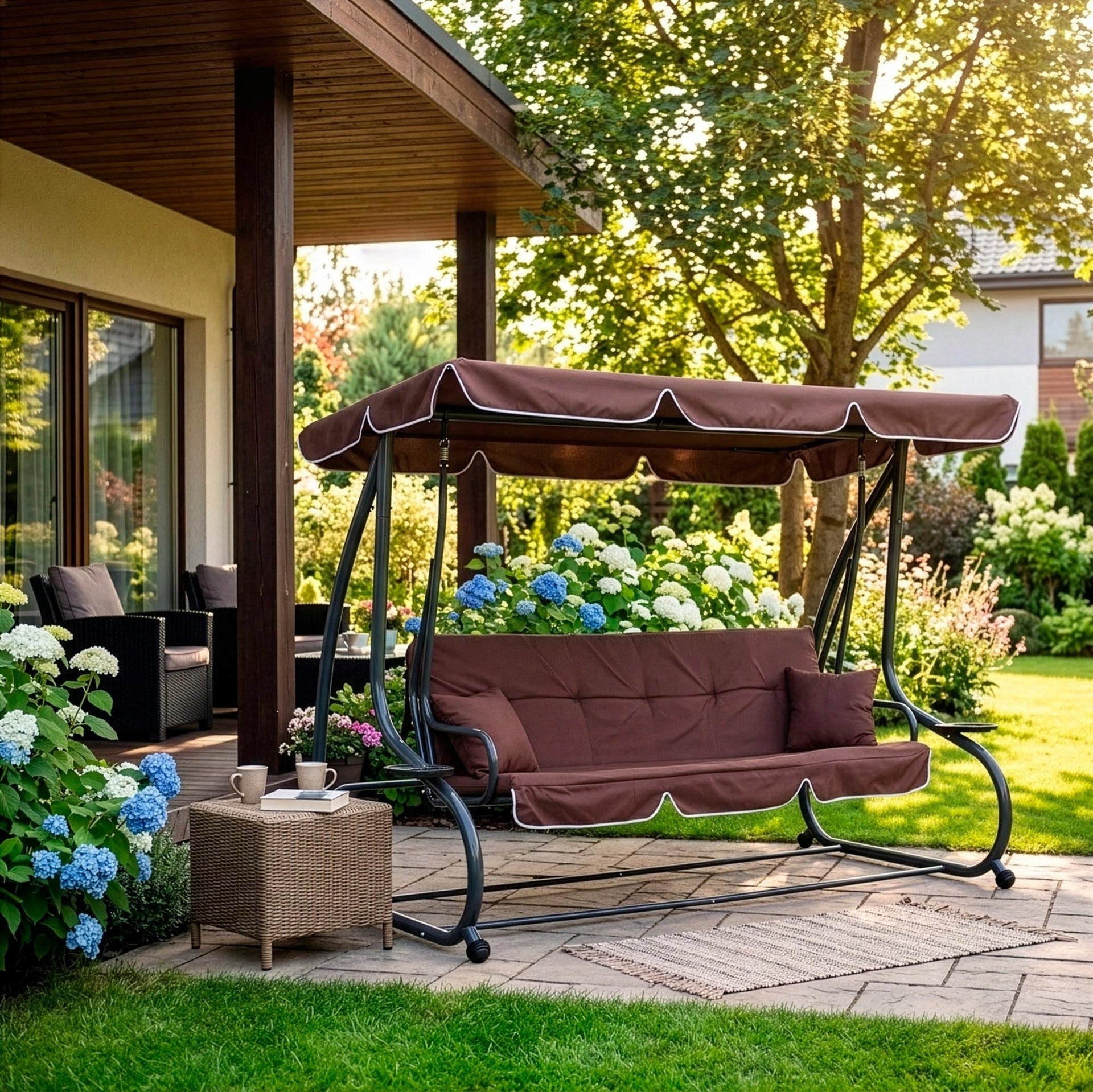 GARDEN SWING ROCKING BENCH 4 SEATER FOLDING 2in1 + VISOR MATTRESS Kind freestanding