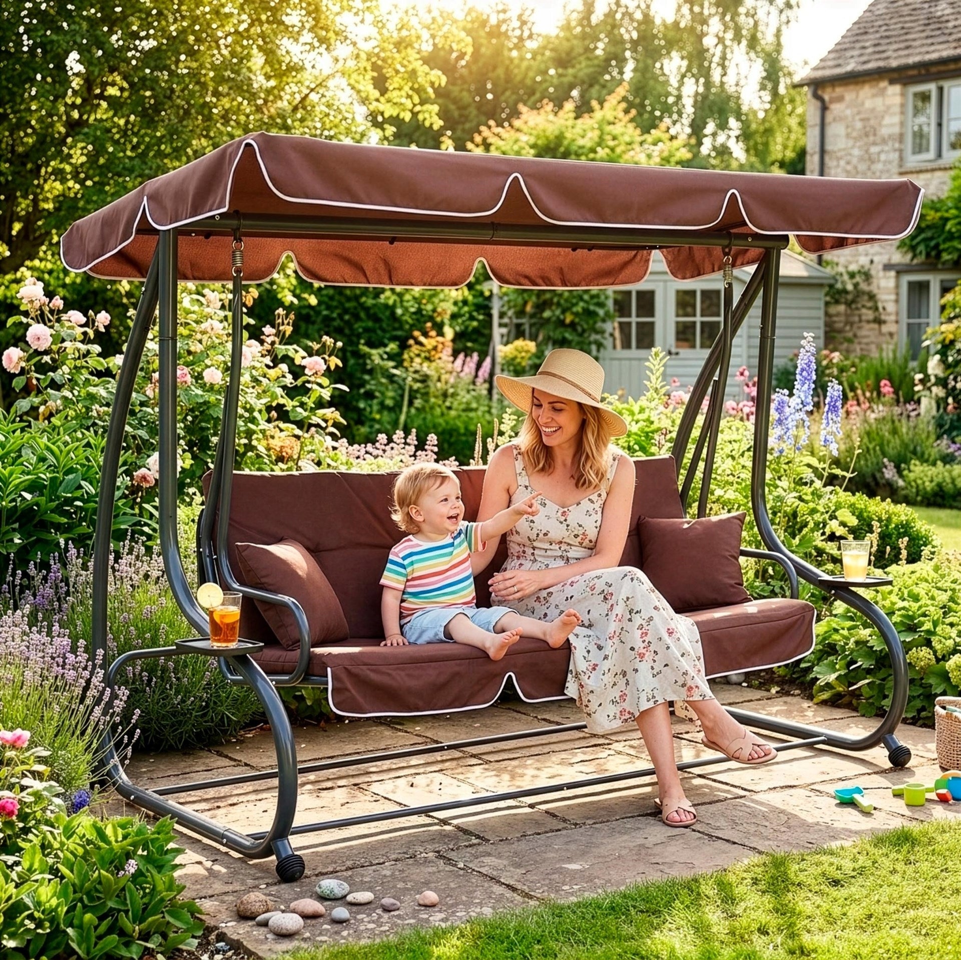 GARDEN SWING ROCKING BENCH 4 SEATER FOLDING 2in1 + VISOR MATTRESS Material of manufacture metal fabric