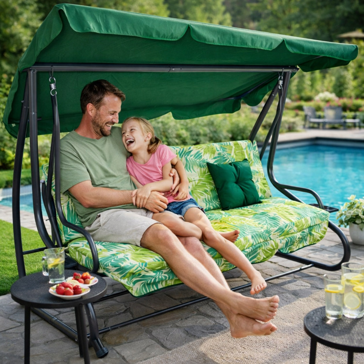 GARDEN SWING ROCKING FREESTANDING CANOPY FOLD-OUT GREEN CUSHIONS Manufacturer code HUŚTAWKA OGRODOWA BUJANA WOLNOSTOJĄCA Rodzina