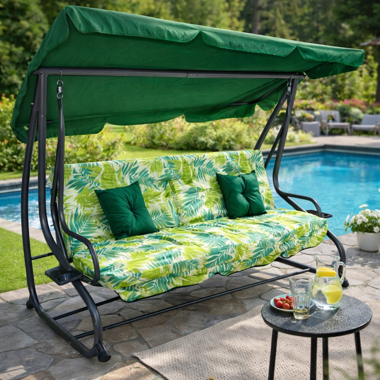 GARDEN SWING ROCKING FREESTANDING CANOPY FOLD-OUT GREEN CUSHIONS Manufacturer no brand