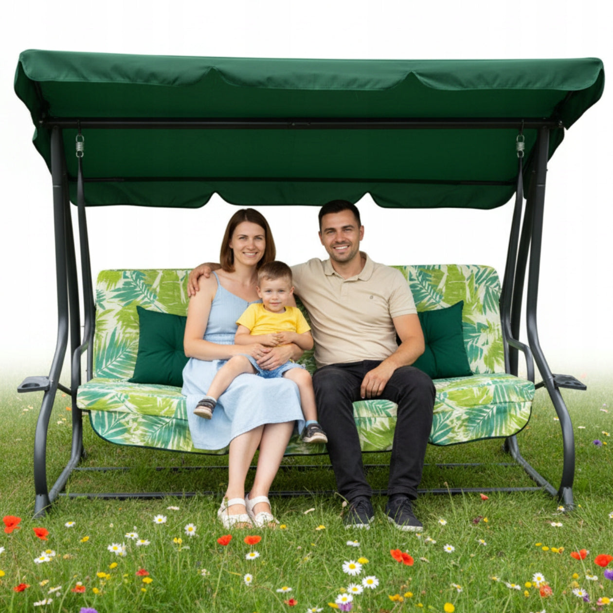 GARDEN SWING ROCKING FREESTANDING CANOPY FOLD-OUT GREEN CUSHIONS