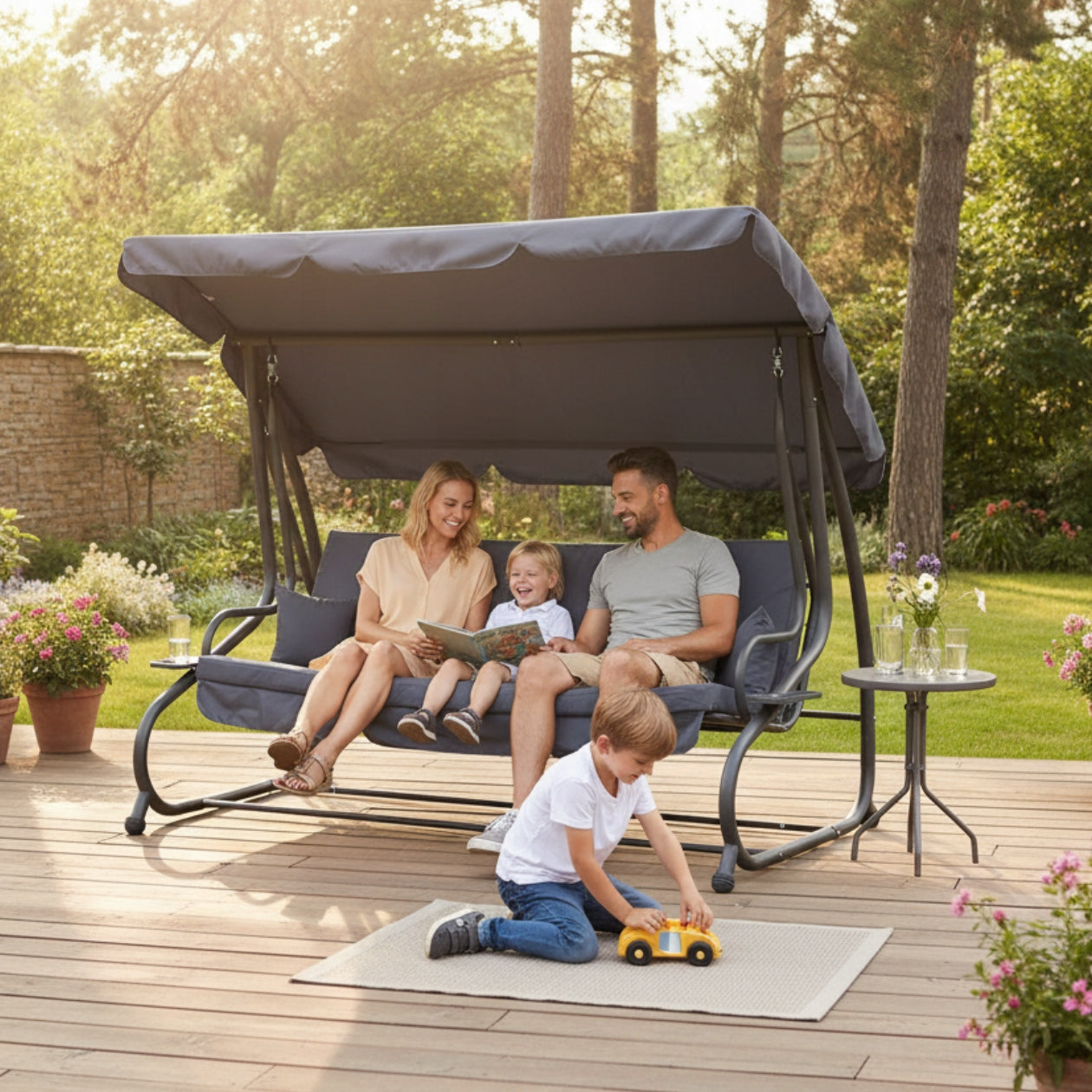 GARDEN SWING ROCKING FREESTANDING CANOPY FOLD-OUT GREY + PILLOWS Kind freestanding