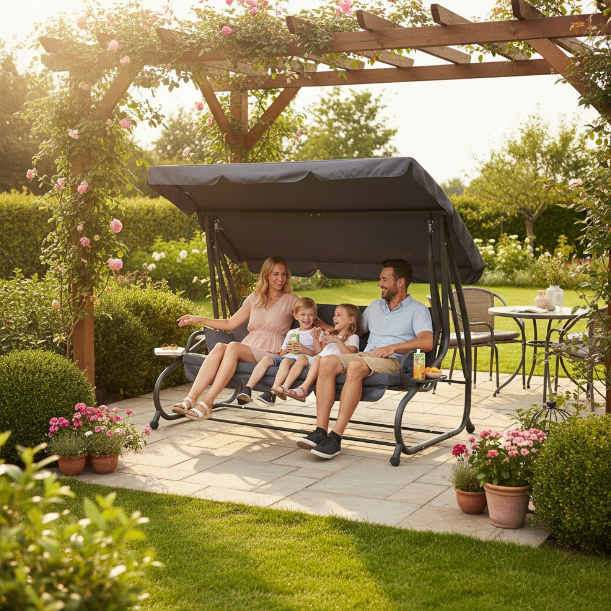 GARDEN SWING ROCKING FREESTANDING CANOPY FOLD-OUT GREY + PILLOWS Line HUŚTAWKA OGRODOWA BUJANA WOLNOSTOJĄCA